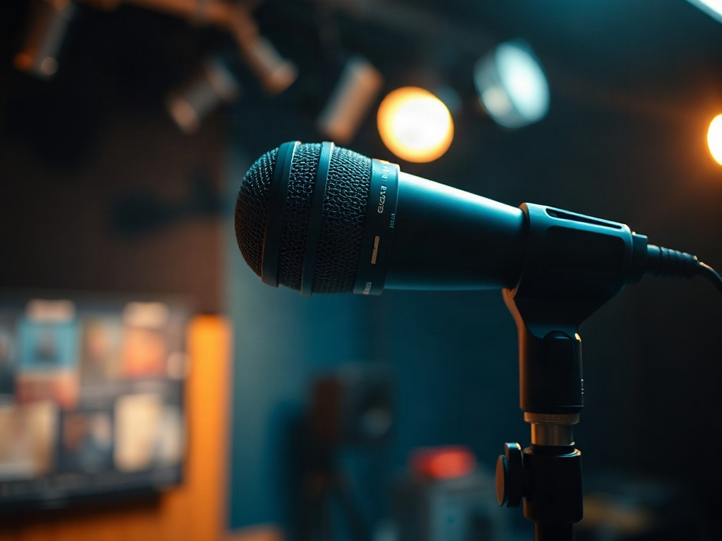 A studio microphone on a boom arm in moody teal and amber lighting