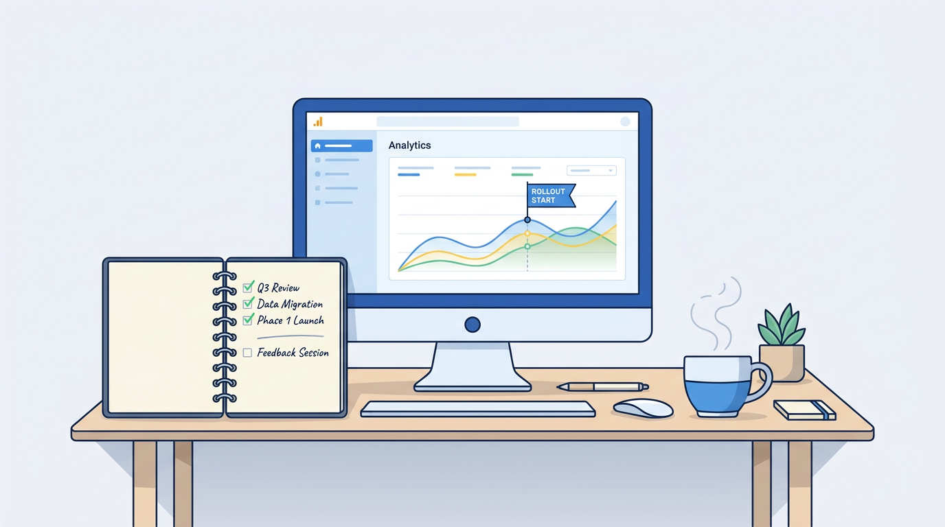 Calm SEO workspace with analytics dashboard annotation during September 2026 spam update