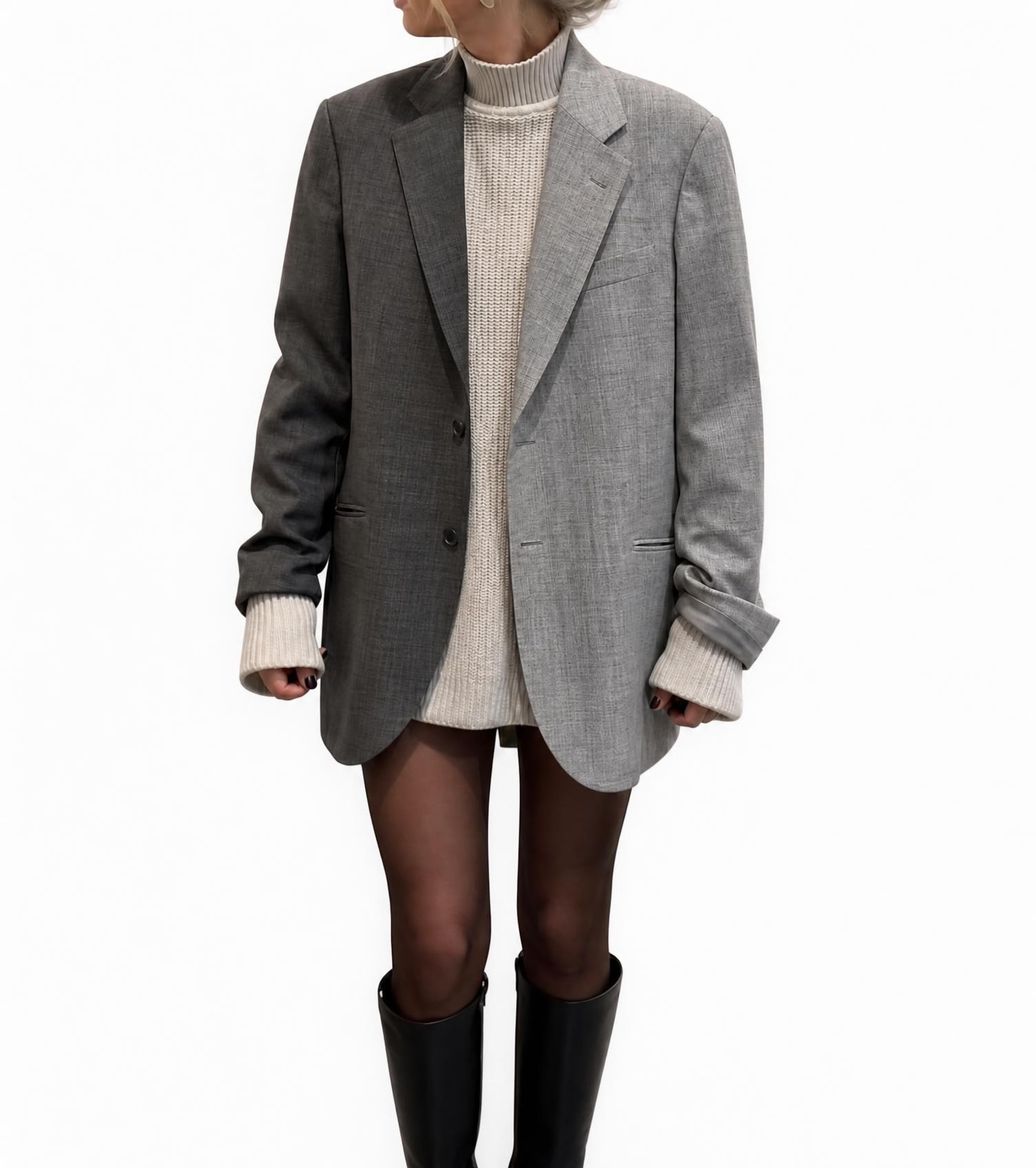 Oversized Light Grey Tailored Blazer with Notched Lapels