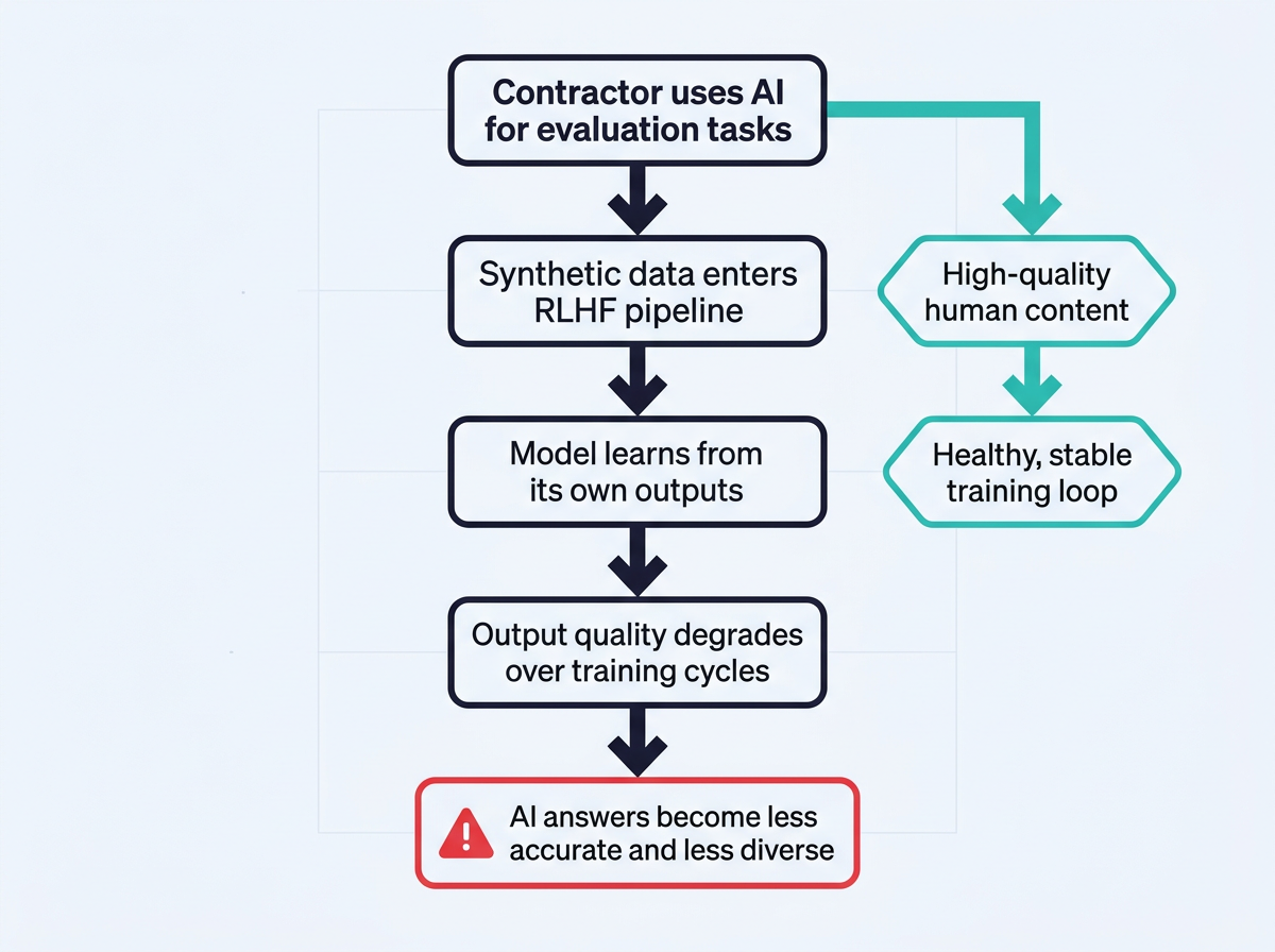 Flowchart showing model collapse risk from AI-generated evaluation data contamination
