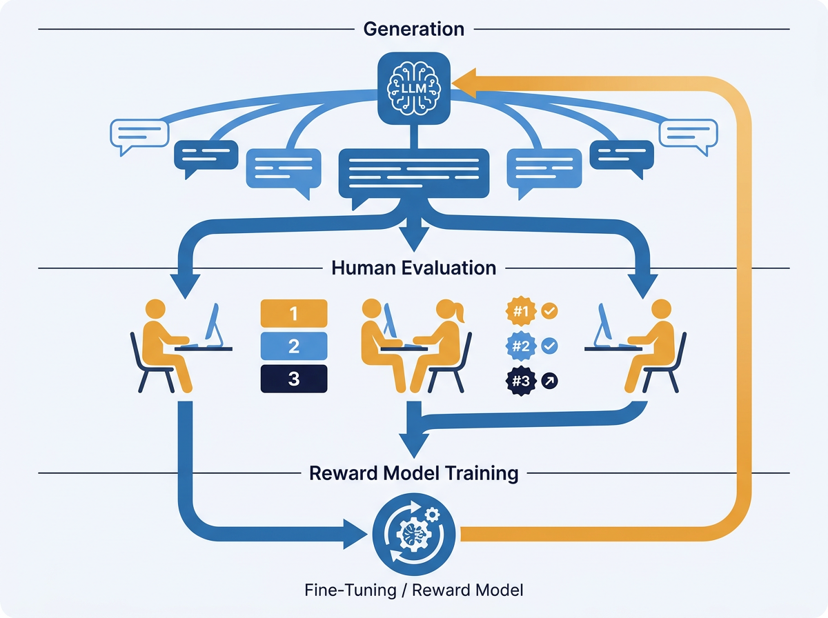 RLHF pipeline sequence diagram showing generation, human evaluation, and reward model training stages