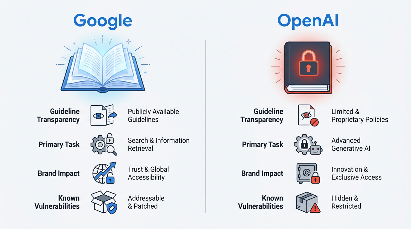 Google vs OpenAI quality rater guidelines comparison infographic showing transparency differences