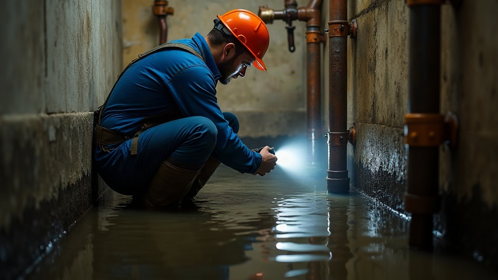 Plumber working in a flooded crawlspace with boots submerged