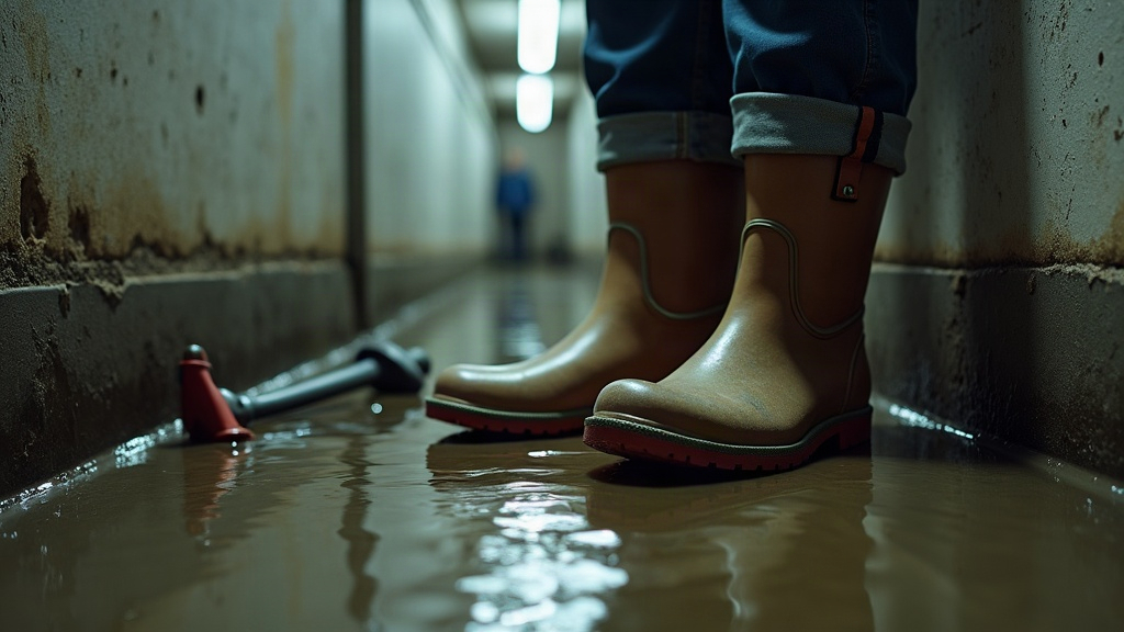 Plumber standing in water on a wet jobsite, boots submerged