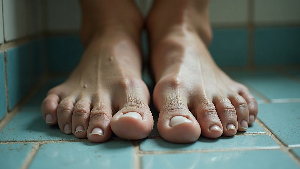Waterlogged foot skin after prolonged standing water exposure