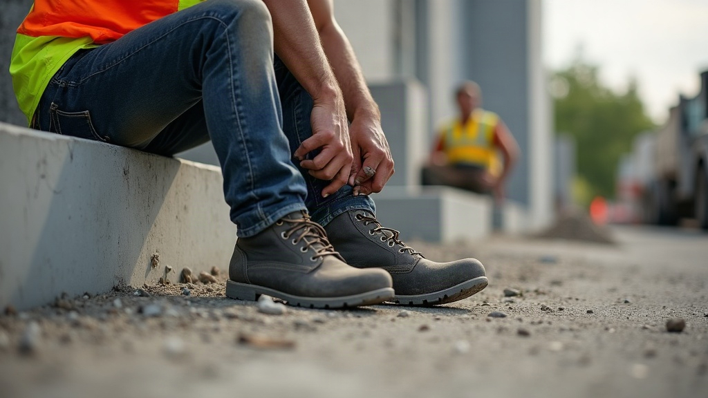 Construction worker with ball of foot pain removing work boot on jobsite