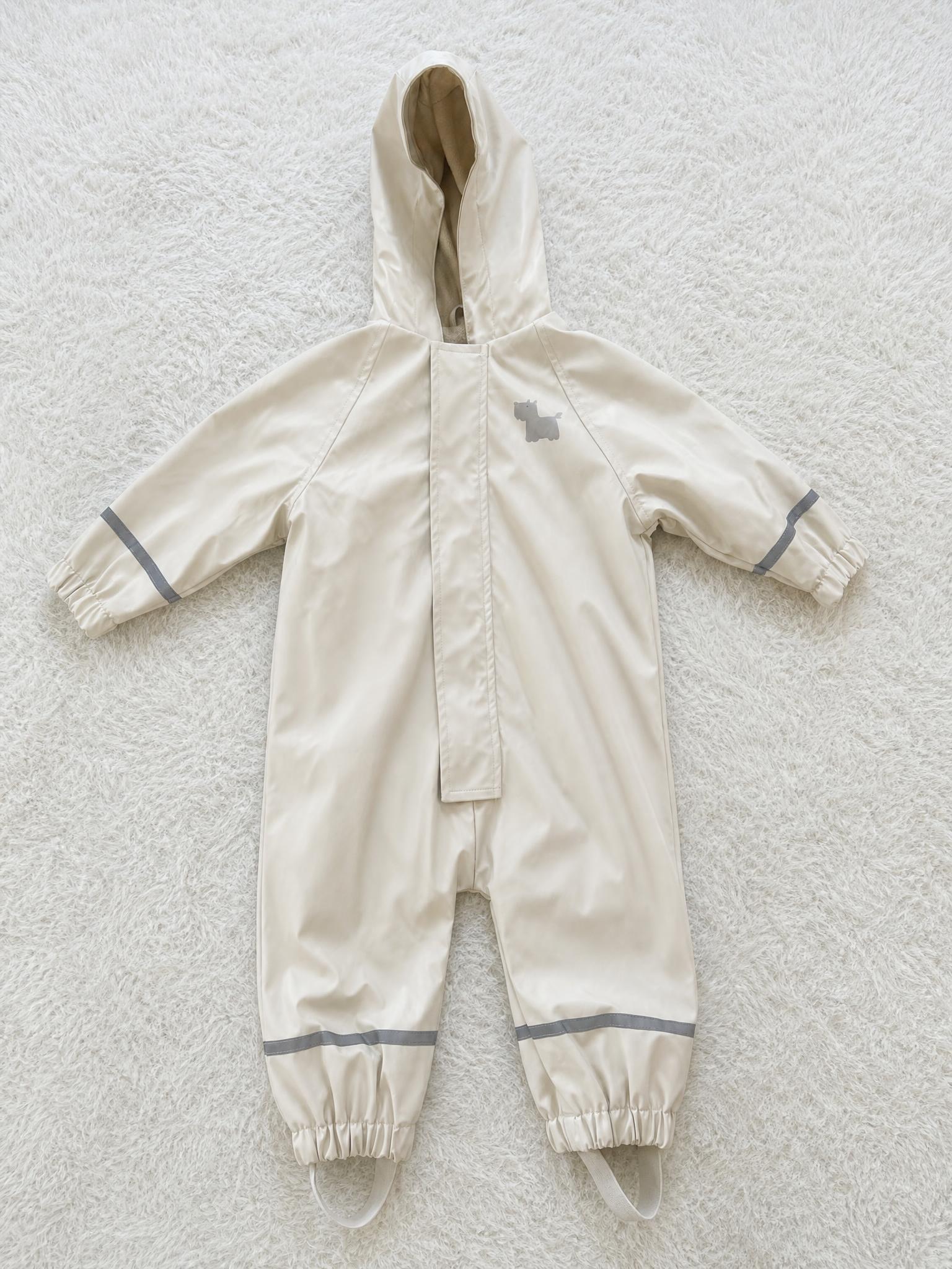 Kids cream hooded all-in-one with reflective strips – very good
