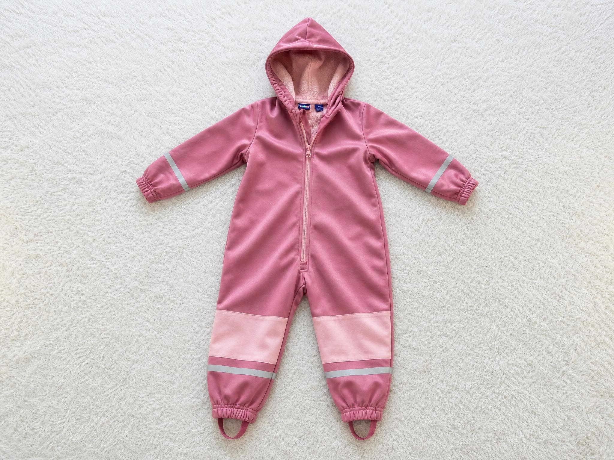 Pink kids one-piece snowsuit with reflective stripes