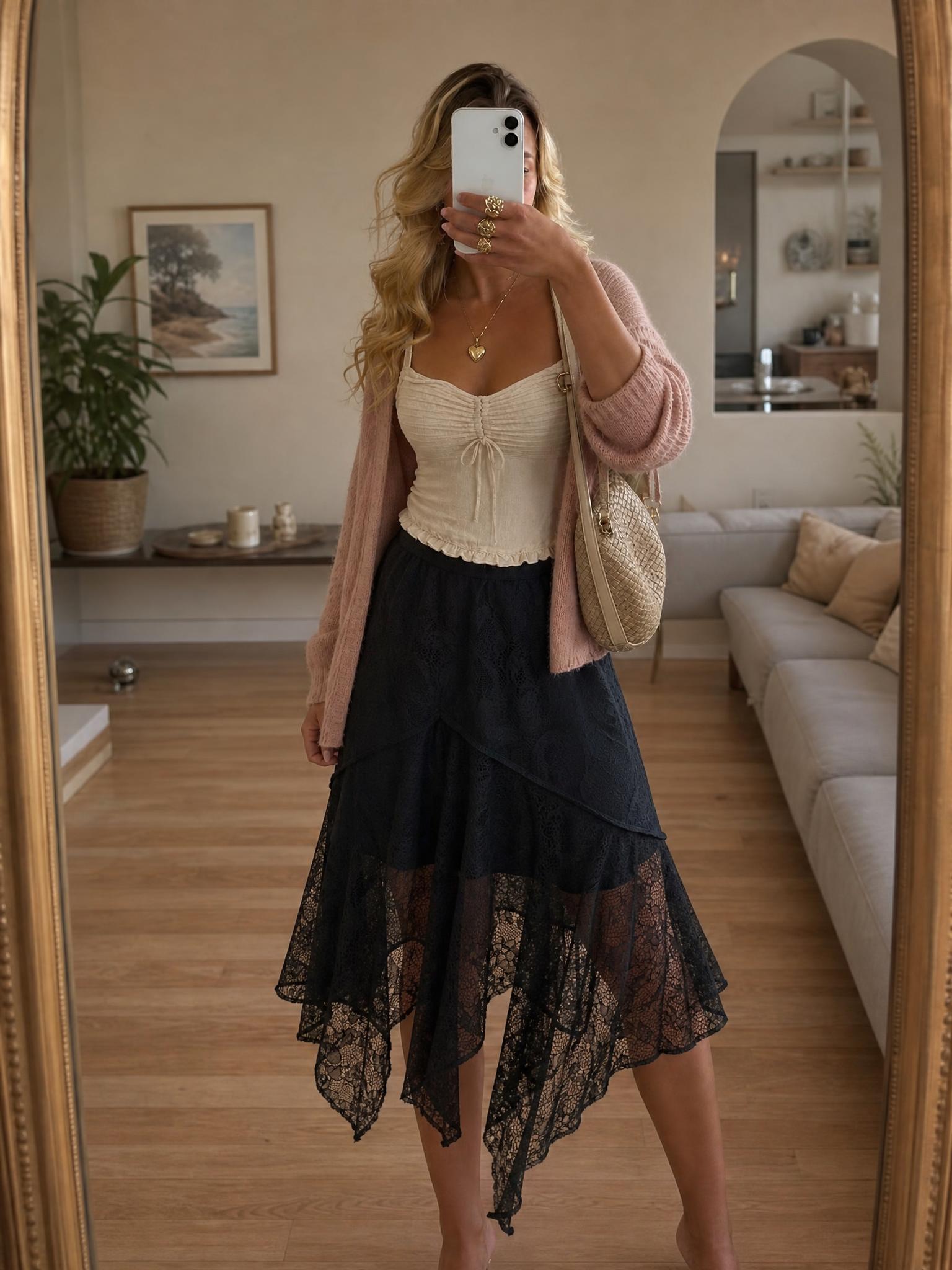 Black Lace Maxi Skirt with Sheer Floral Hem