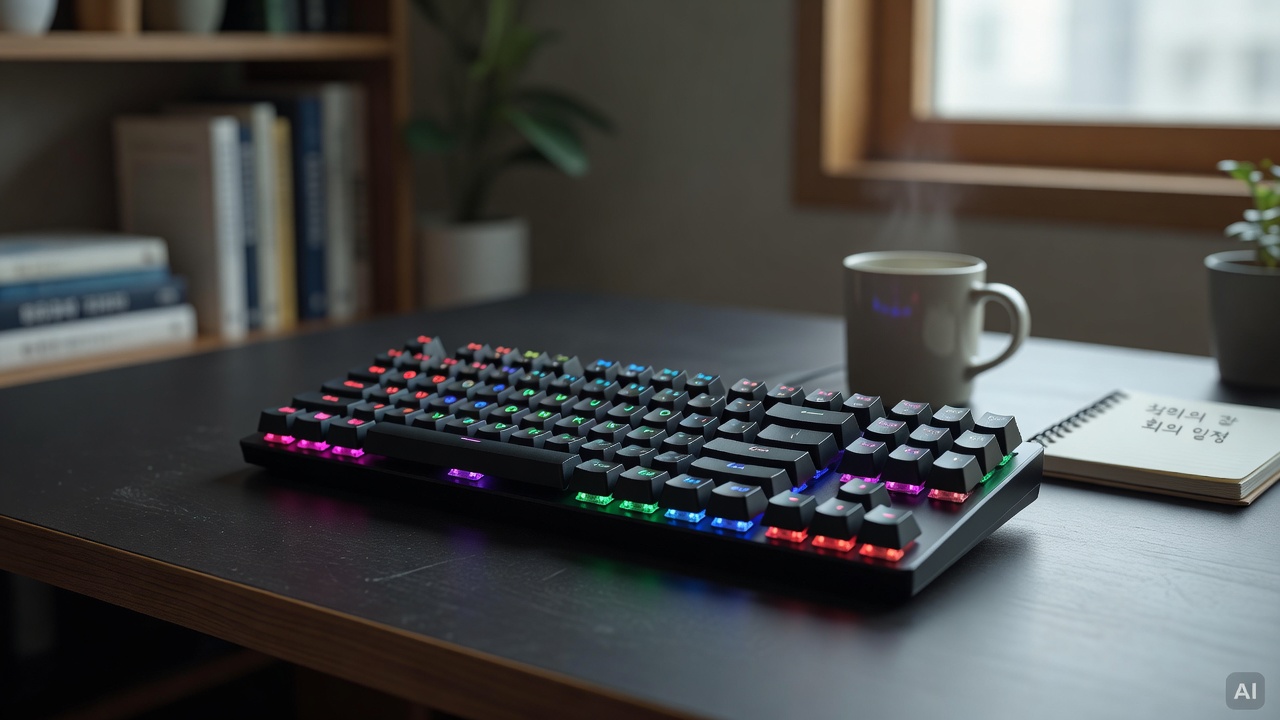 gaming keyboard with RGB lighting on a dark desk