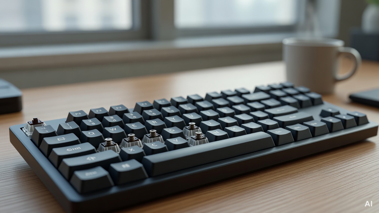 close-up of mechanical keyboard switches and keycaps on a desk
