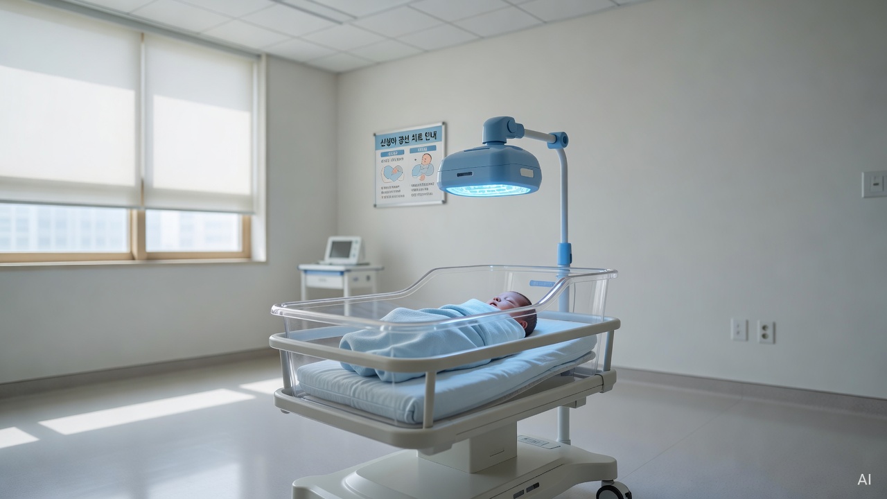 a hospital infant crib with a blue phototherapy lamp glowing above, clean white room