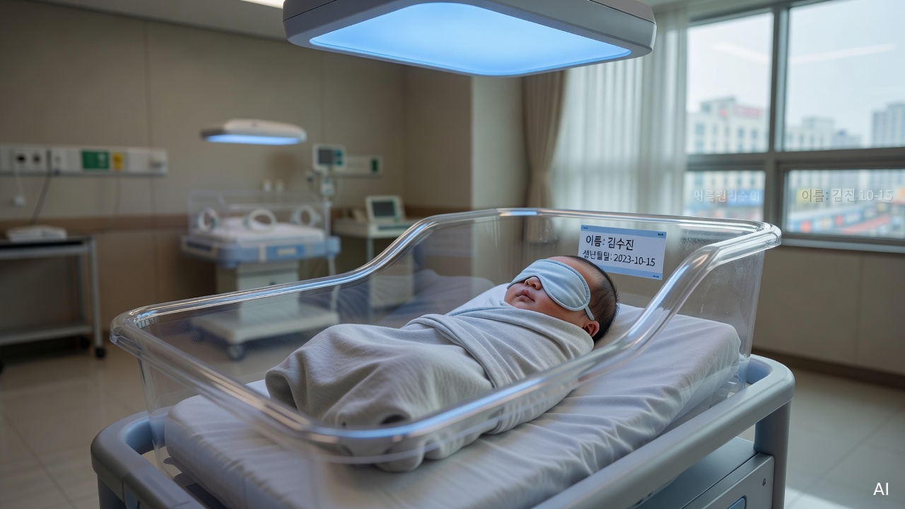 a newborn baby resting in a hospital bassinet with a thin eye mask on, soft blue light overhead