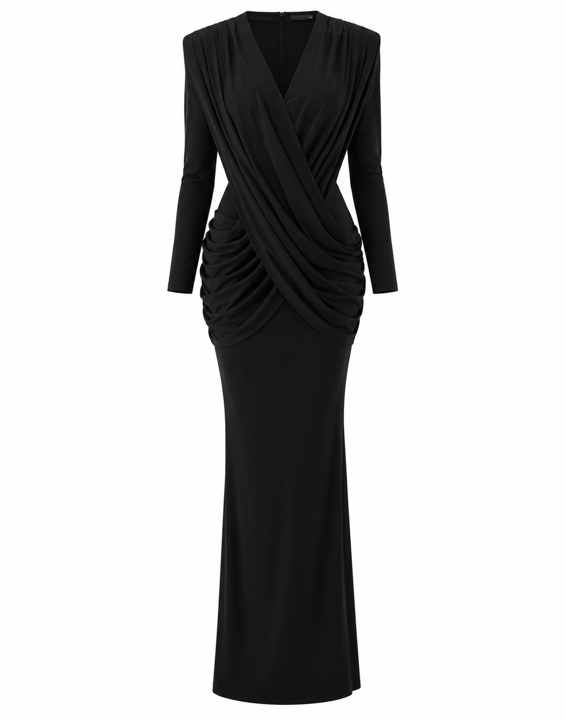 asos, Ruched & Ready On My Level sculpted plunge neck drape front maxi dress in black