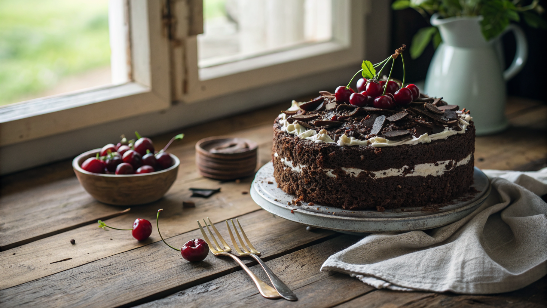 A whole Black Forest Cake decorated with whipped cream, fresh cherries, and dark chocolate shavings on a rustic wooden table.