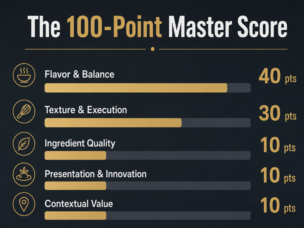 A horizontal bar chart showing a 100-point dish rating system with categories: Flavor, Texture, Ingredients, Presentation, and Value.