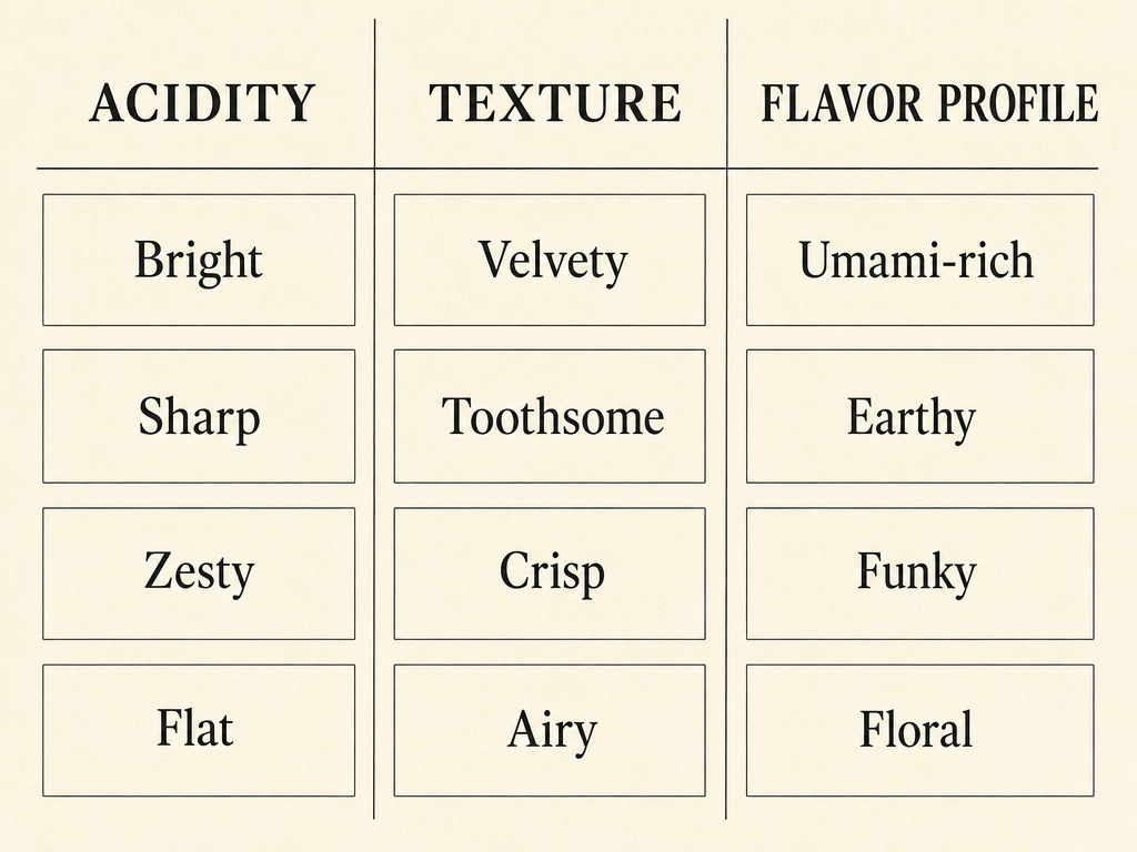 A sensory vocabulary chart for foodies categorizing descriptive terms for acidity, texture, and flavor profiles for better dish reviews.