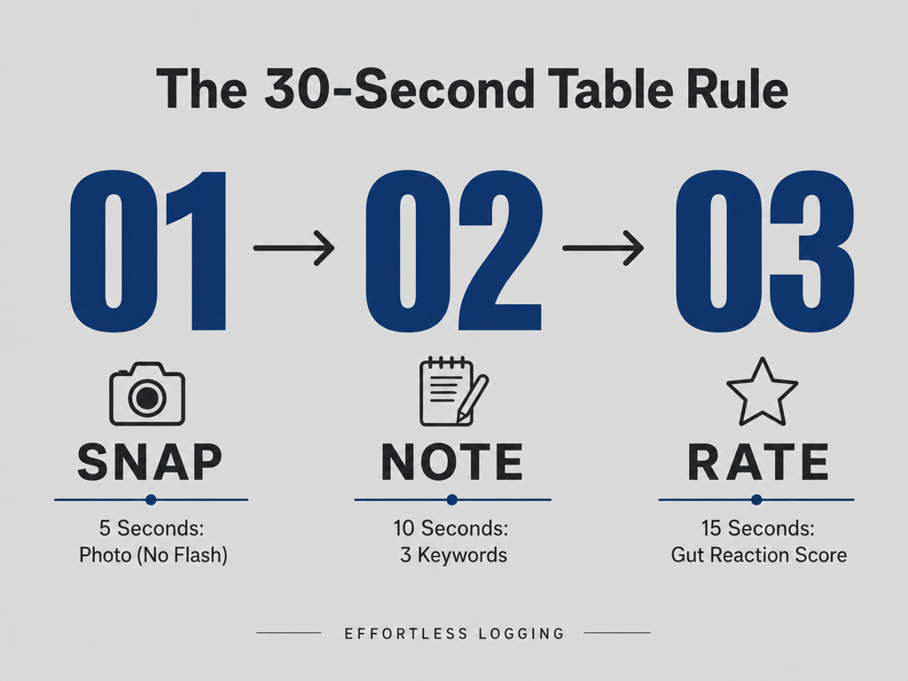 A three-step process diagram illustrating the 30-second rule for photographing, noting, and rating food at a restaurant without being rude.