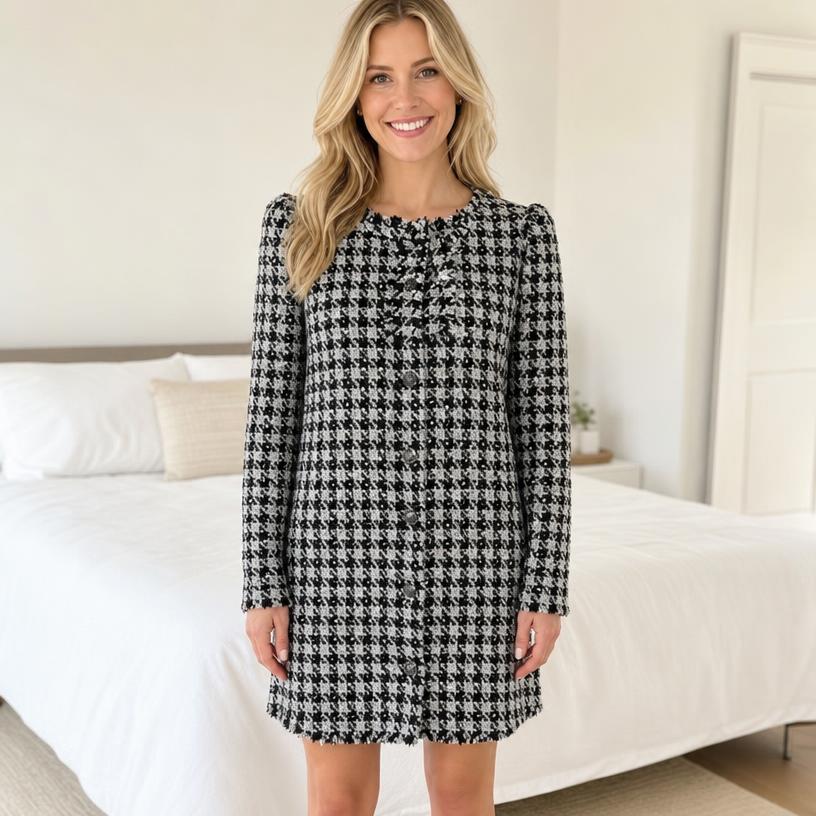 Black & White Houndstooth Long Sleeve Textured Dress