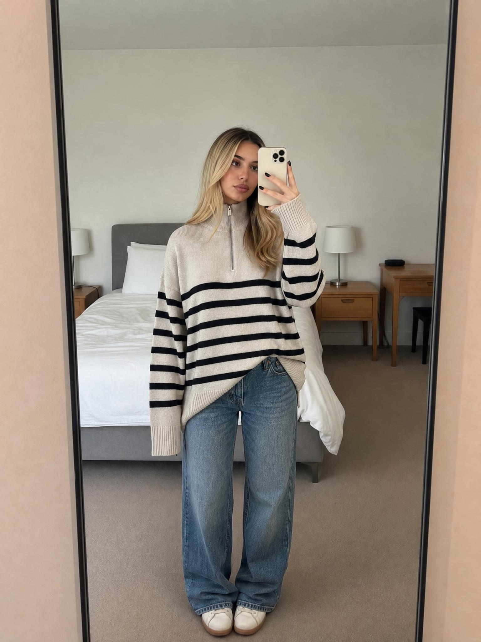 Striped quarter-zip ribbed knit jumper in grey and black