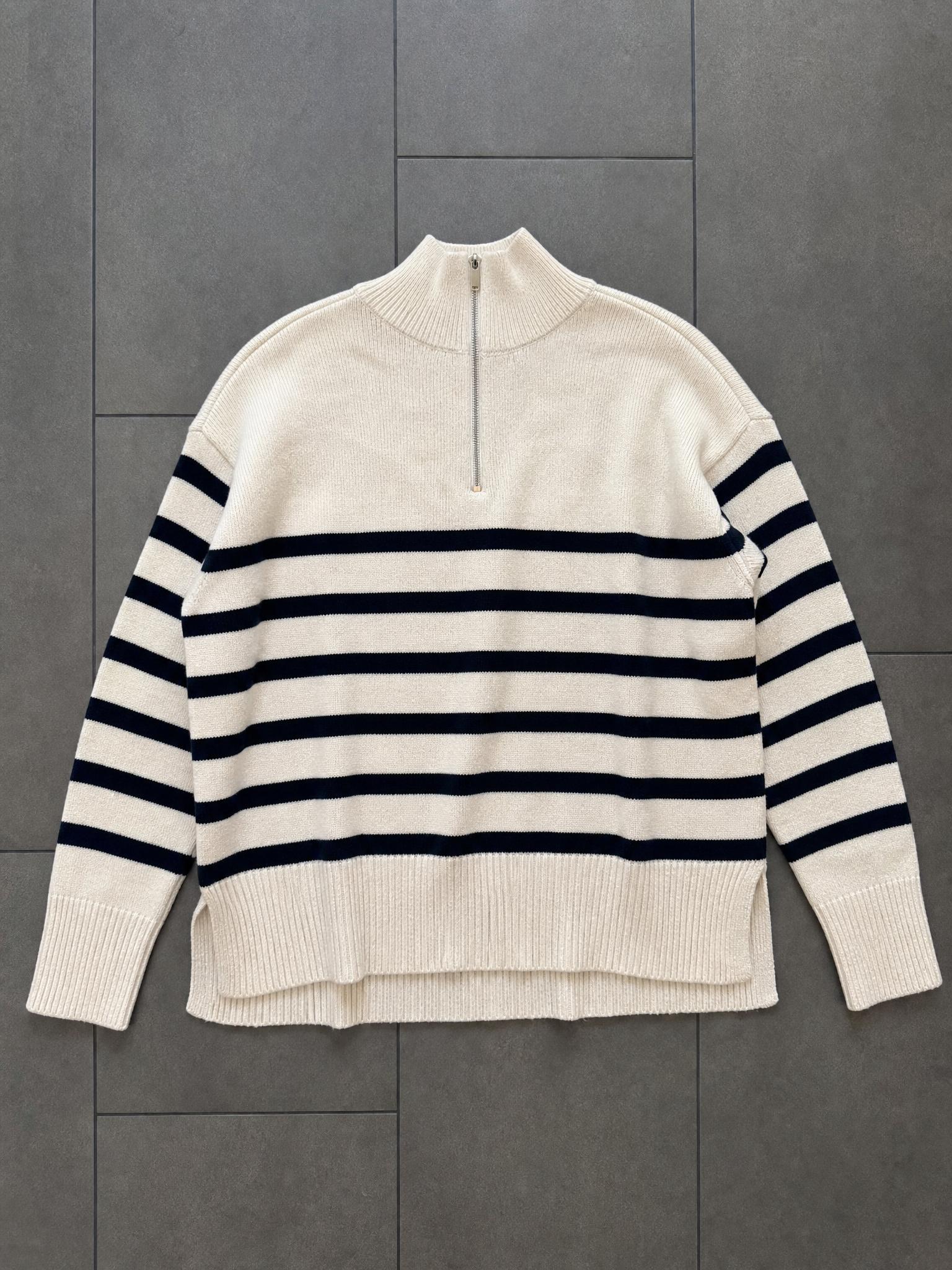 Striped quarter-zip knitted jumper in grey and black