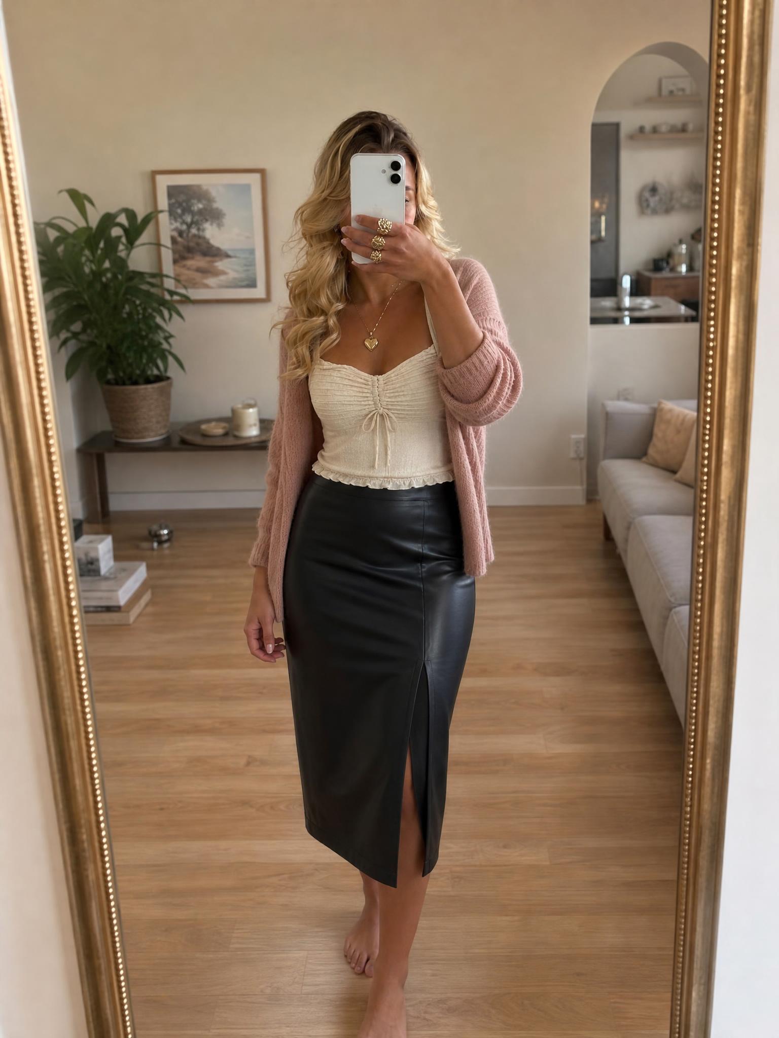 Black Faux Leather Midi Pencil Skirt with Front Slit New
