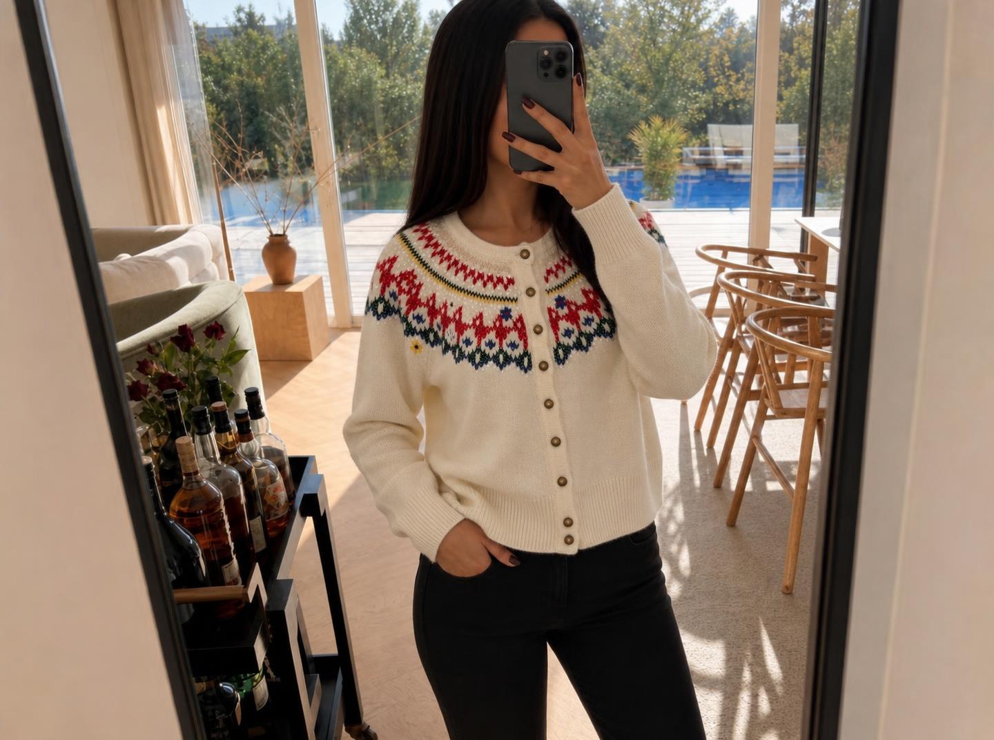 Cream Fair Isle Knit Cardigan with Colourful Pattern