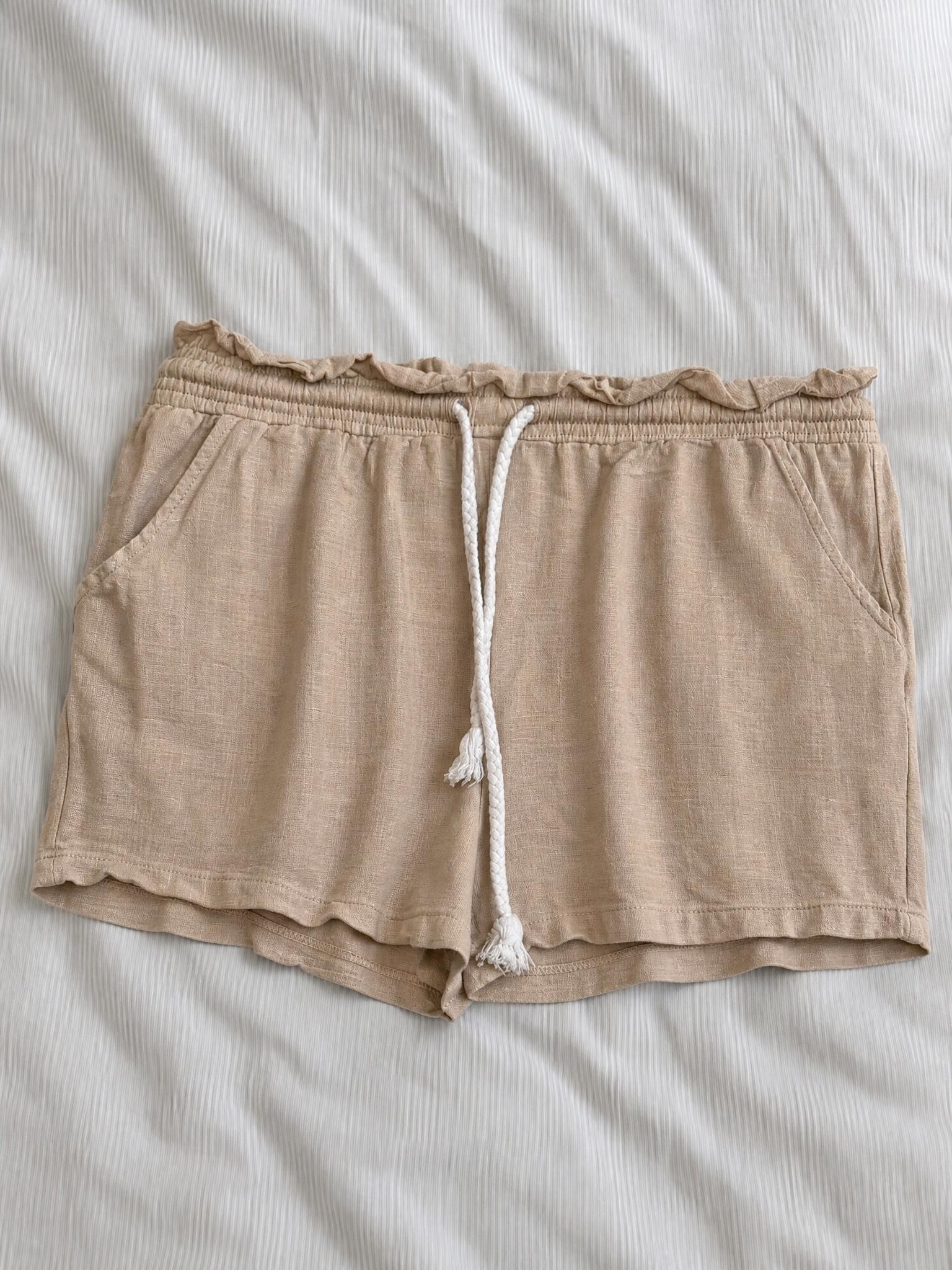 Taupe beige drawstring shorts with elastic waist