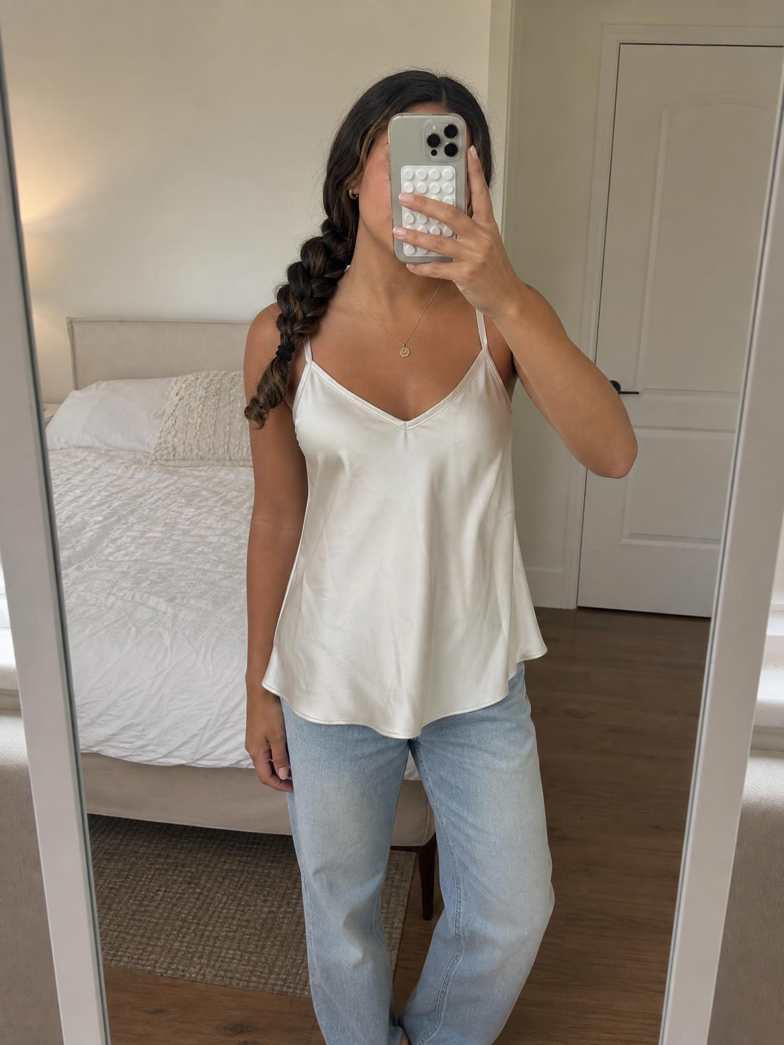Champagne satin-look camisole top with V-neck