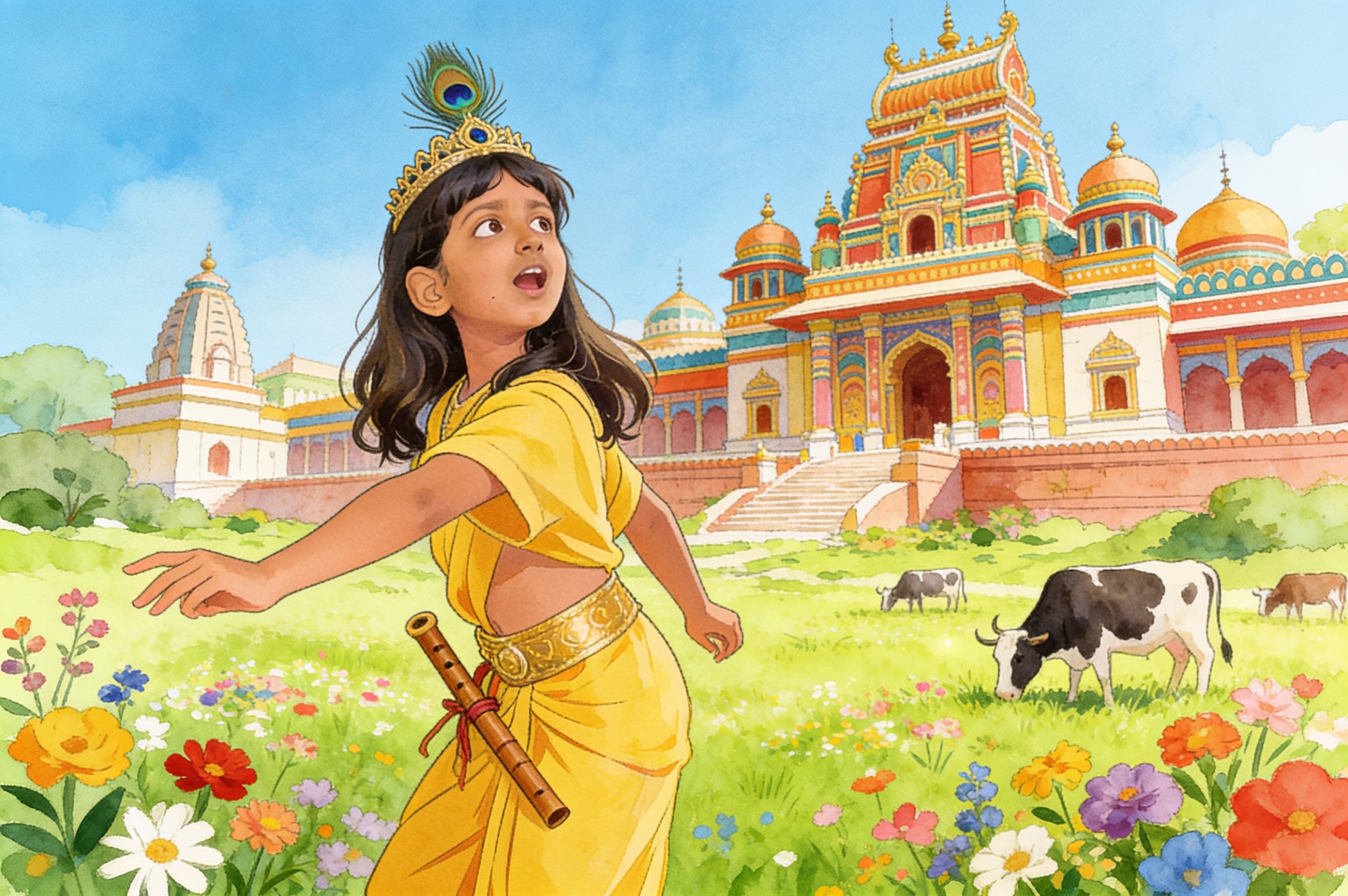 Shreya's Krishna Adventure and the big leaf umbrella — illustration for page 2