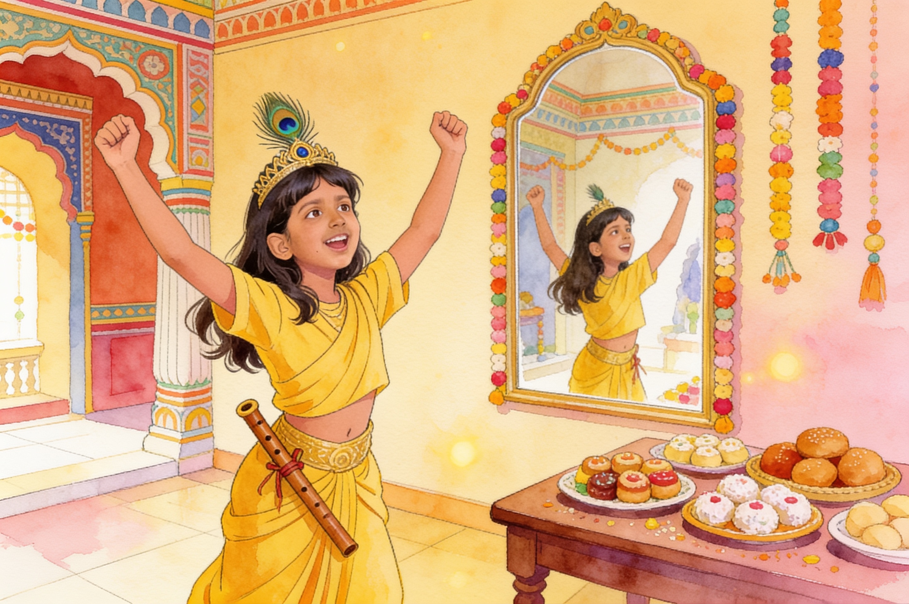Shreya's Krishna Adventure and the big leaf umbrella — illustration for page 1