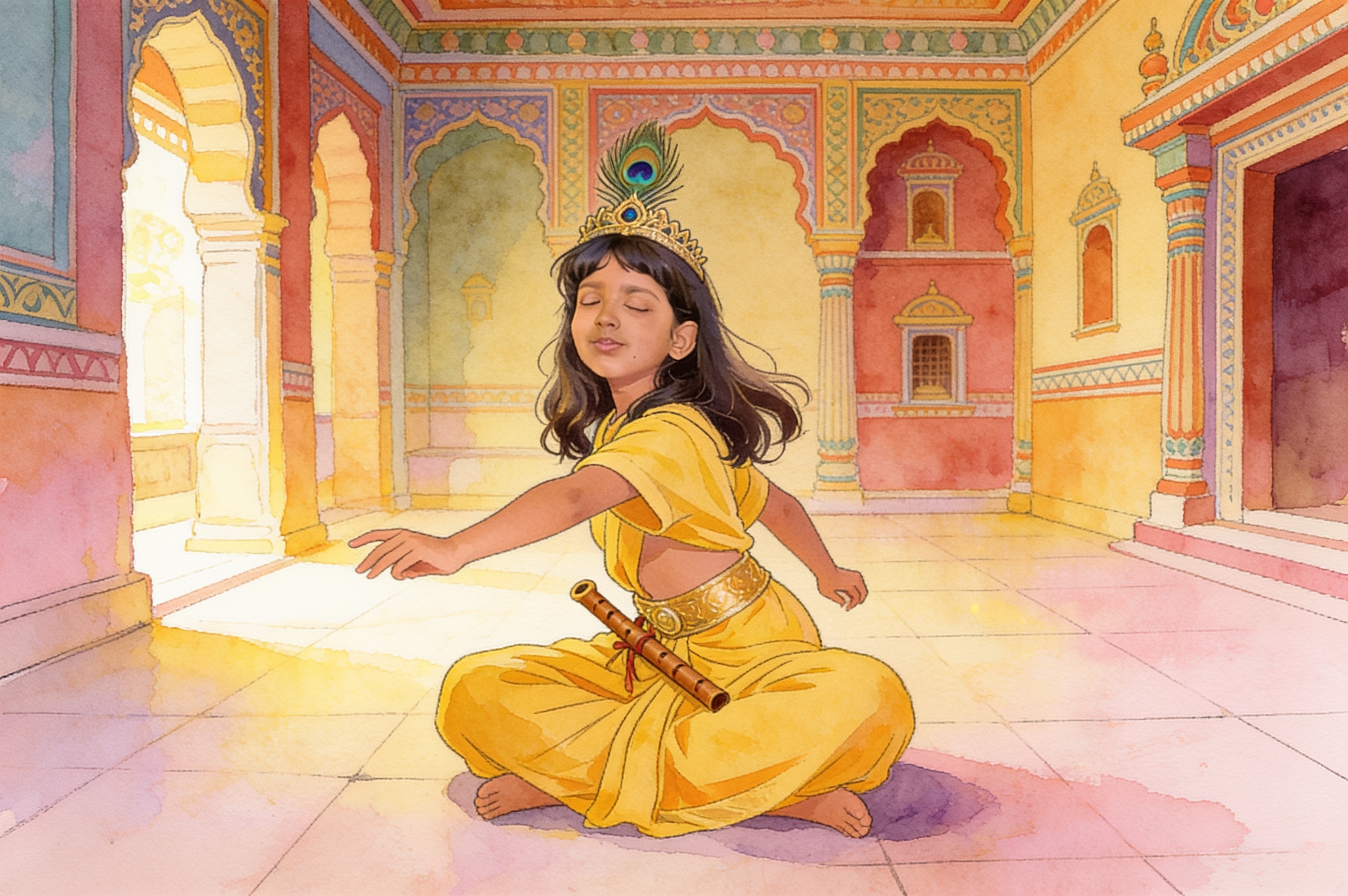 Shreya's Krishna Adventure and the big leaf umbrella — illustration for page 14