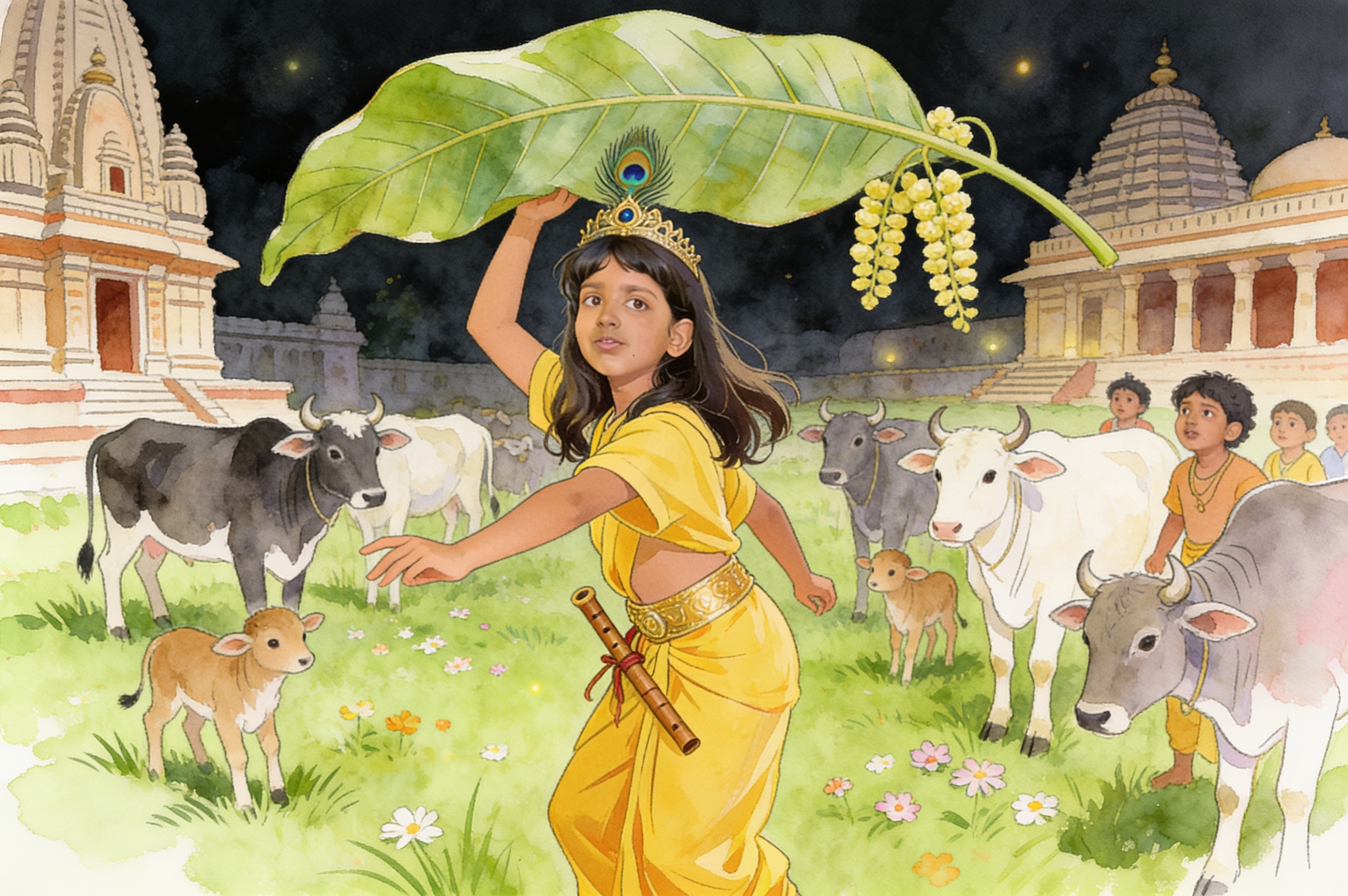 Shreya's Krishna Adventure and the big leaf umbrella — illustration for page 6