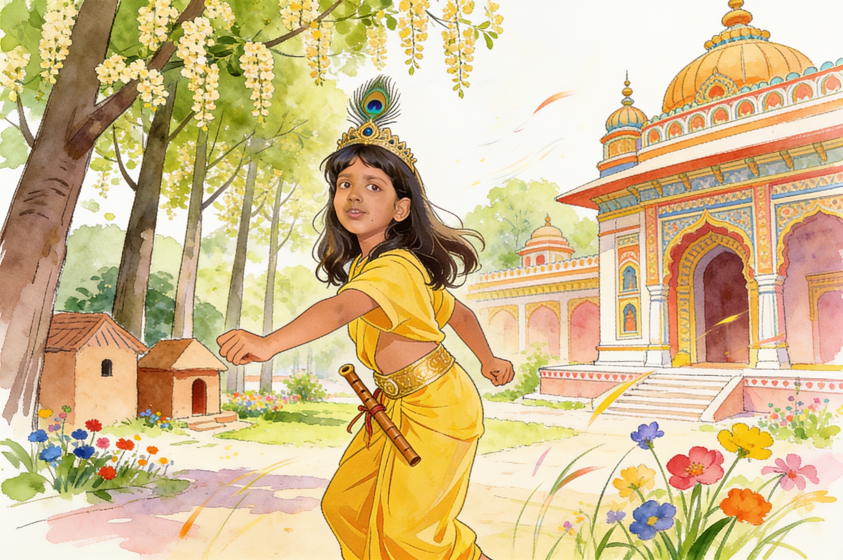 Shreya's Krishna Adventure and the big leaf umbrella — illustration for page 3