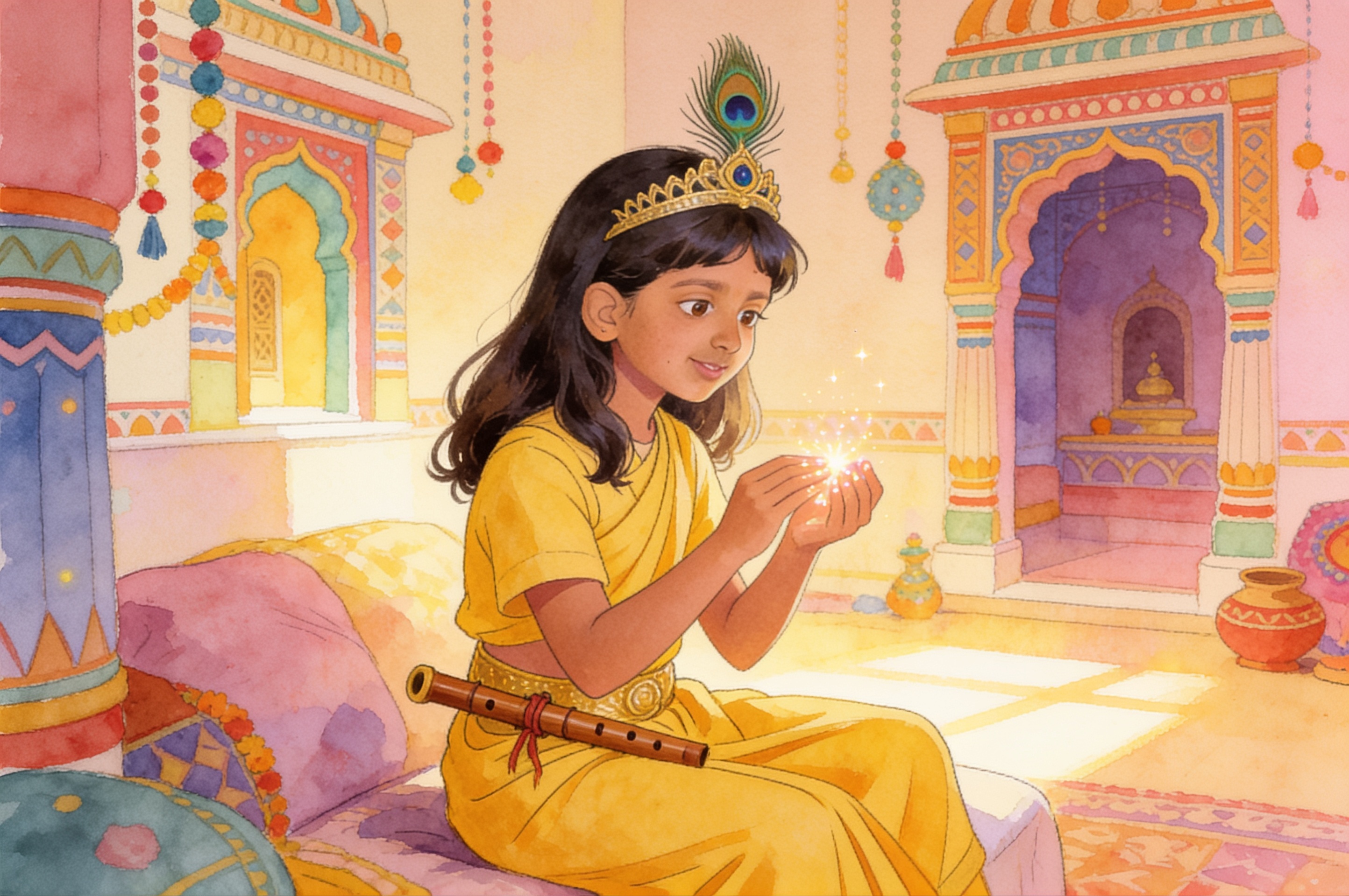 Shreya's Krishna Adventure and the big leaf umbrella — illustration for page 15