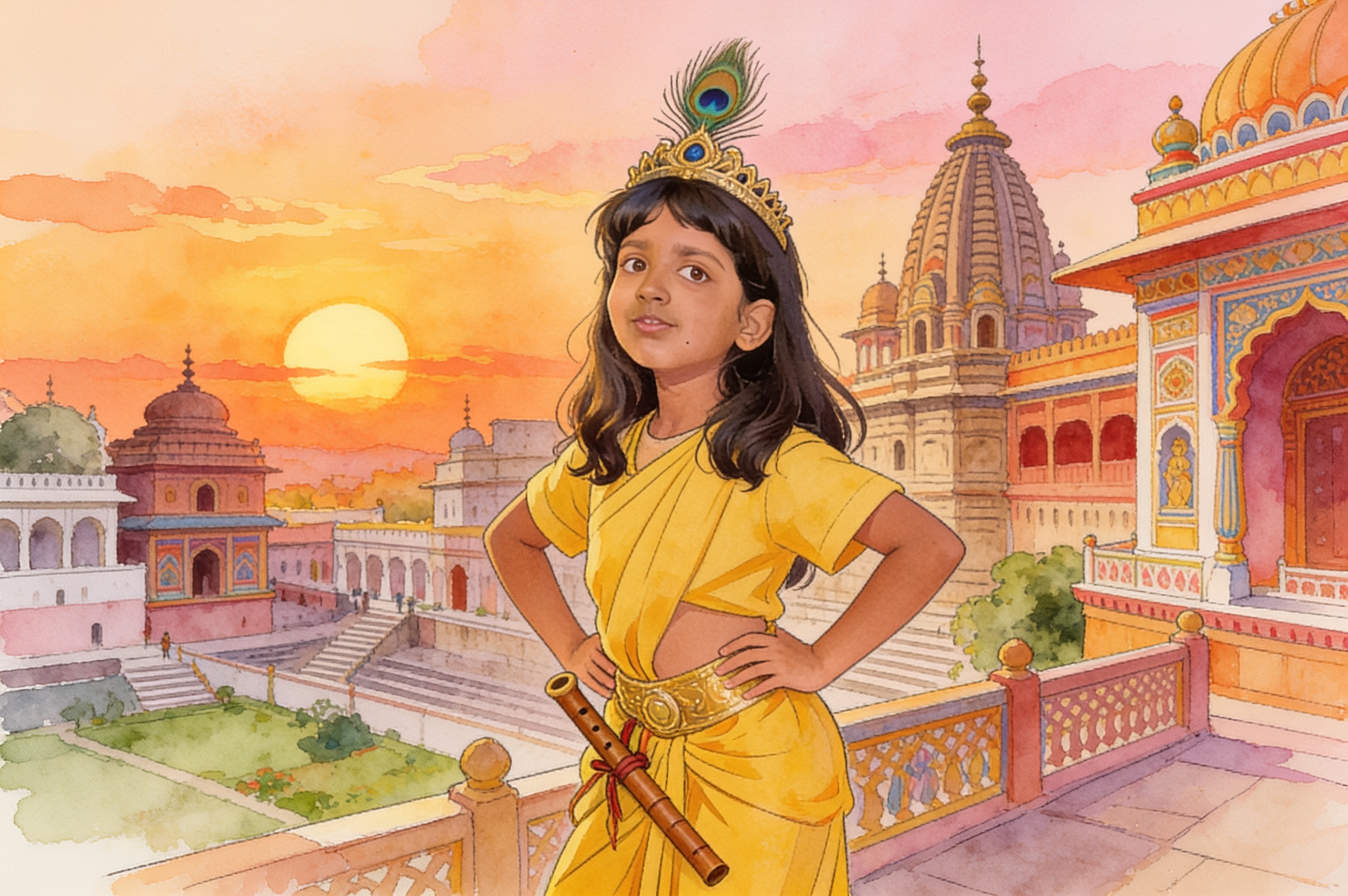 Shreya's Krishna Adventure and the big leaf umbrella — illustration for page 13