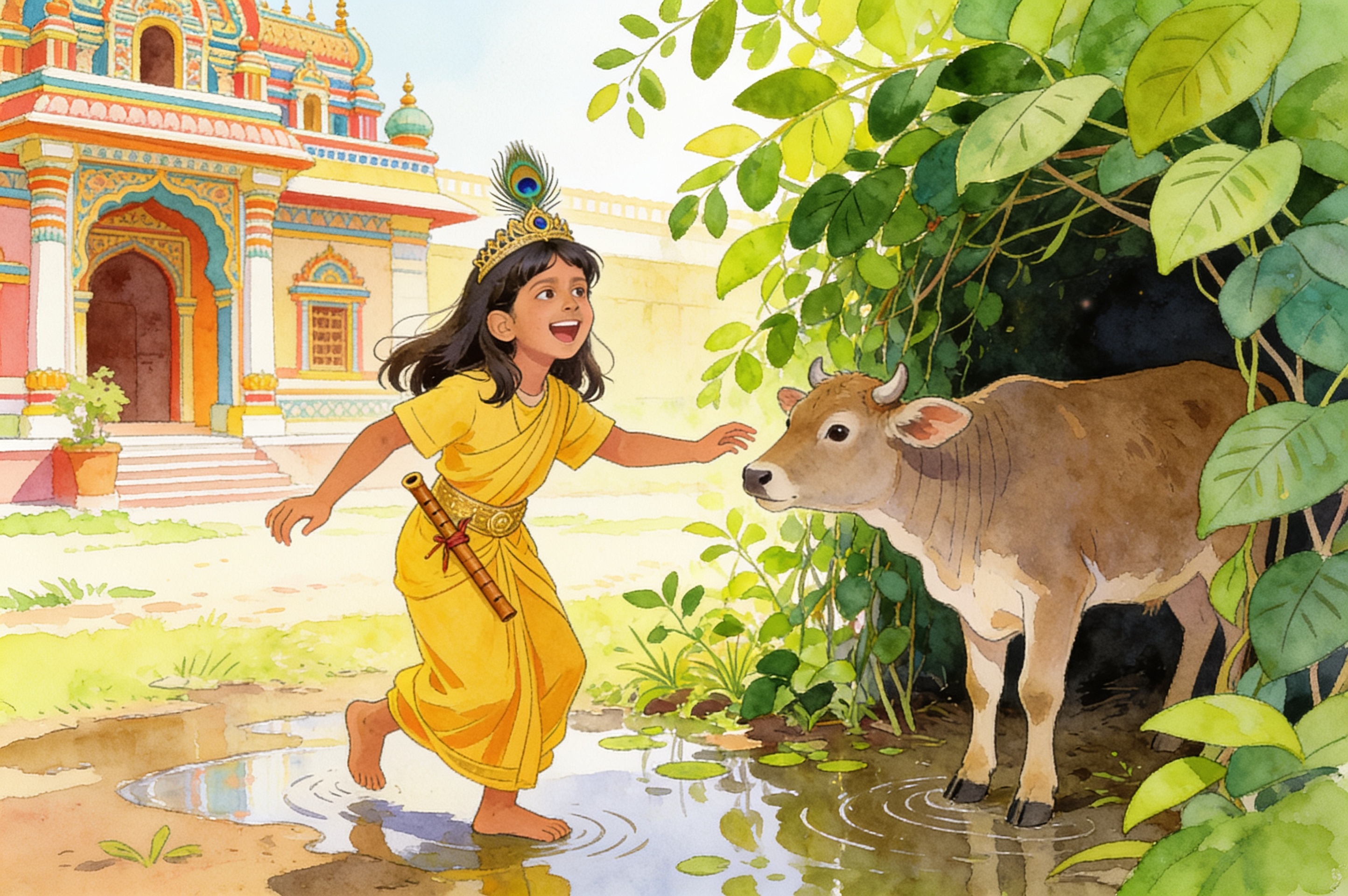 Shreya's Krishna Adventure and the big leaf umbrella — illustration for page 10