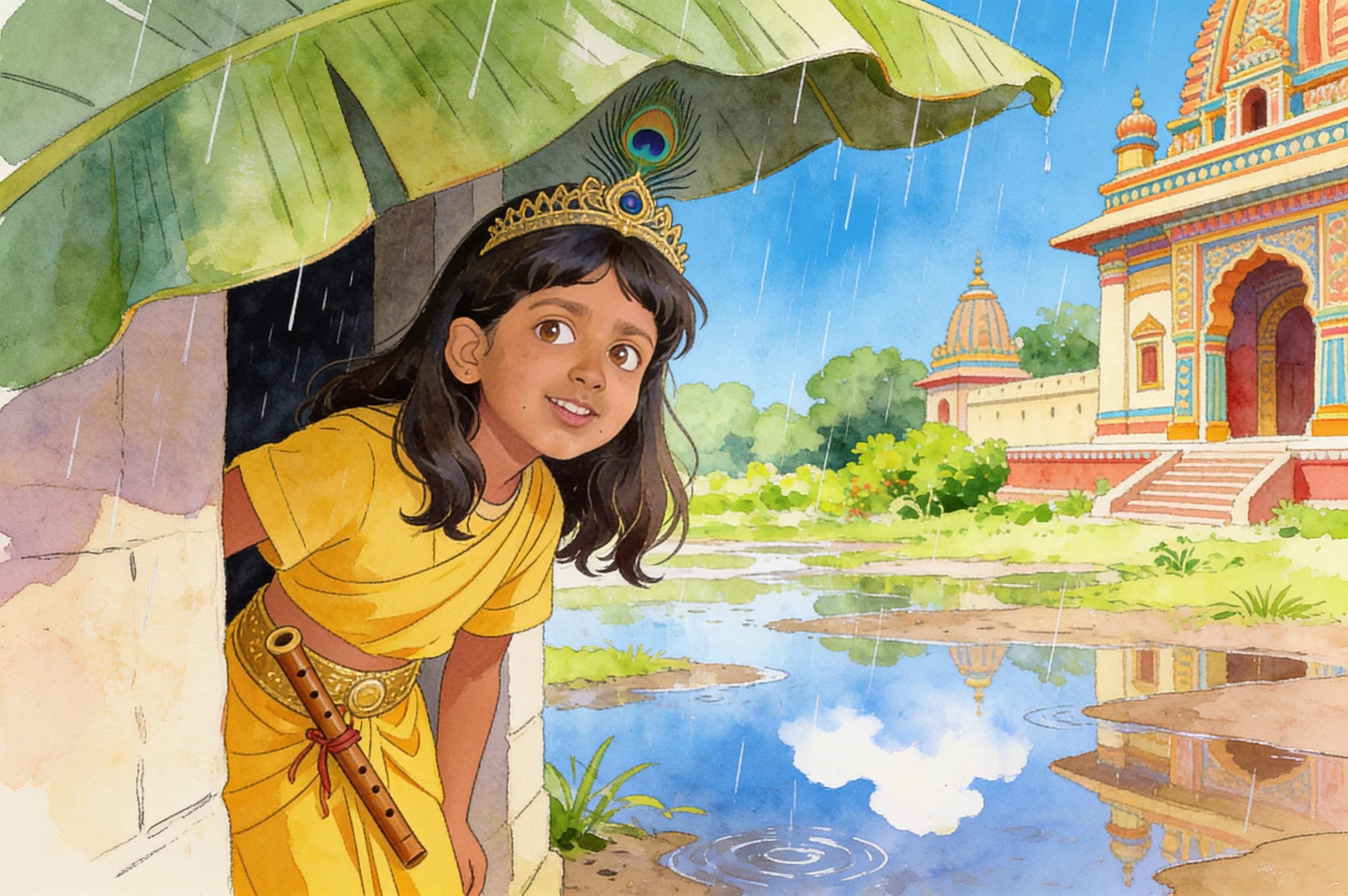 Shreya's Krishna Adventure and the big leaf umbrella — illustration for page 9