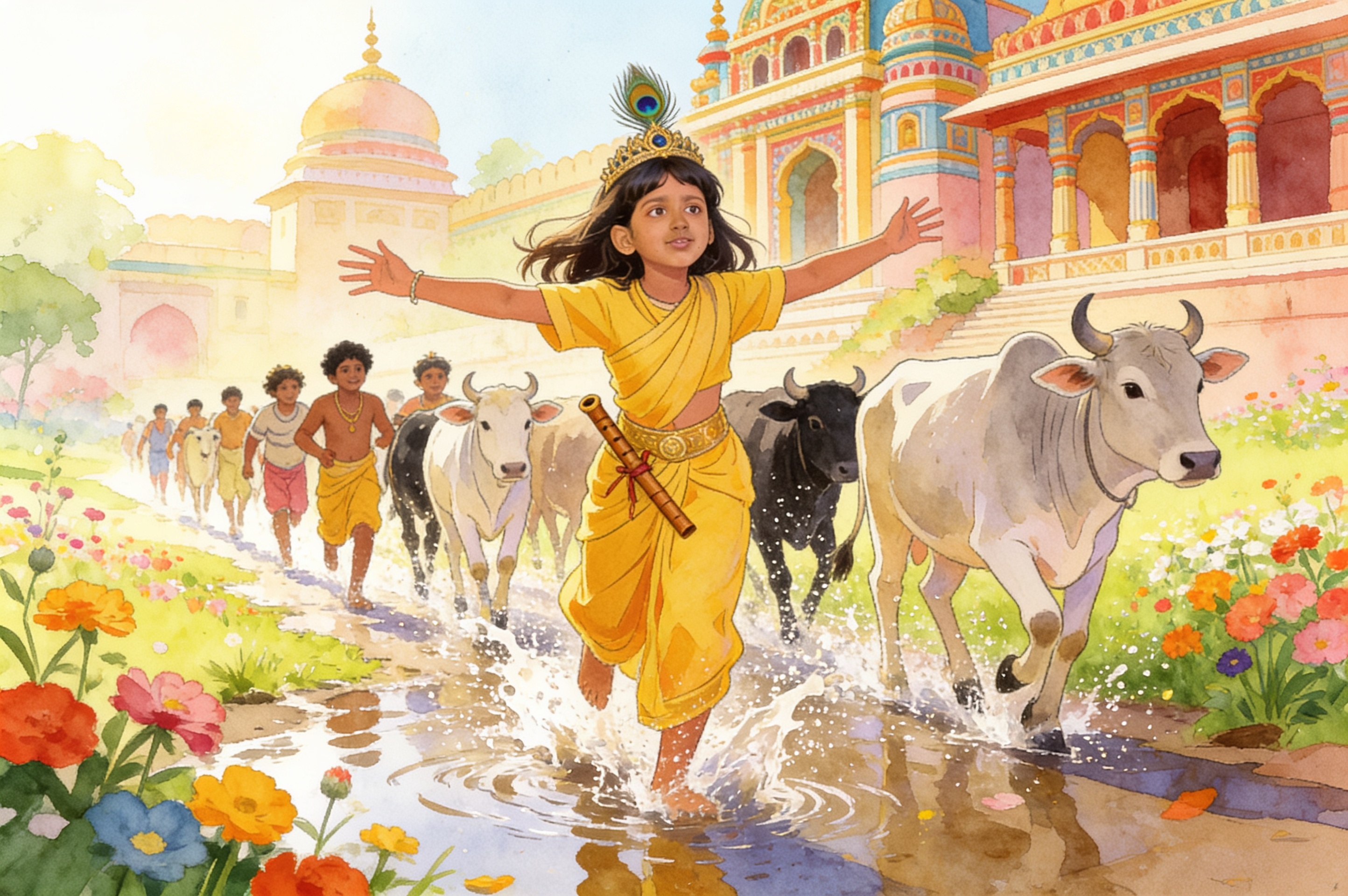 Shreya's Krishna Adventure and the big leaf umbrella — illustration for page 11