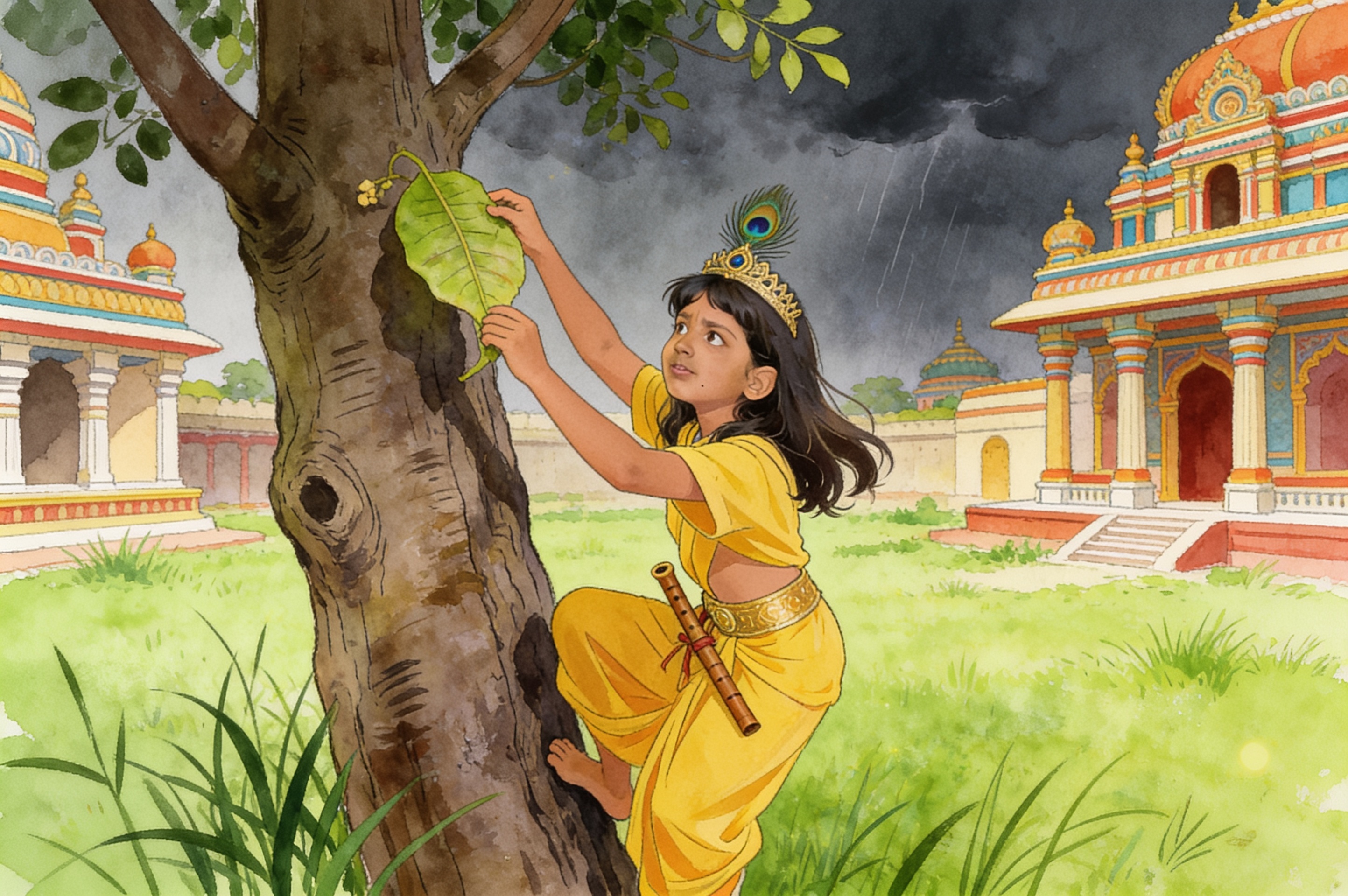 Shreya's Krishna Adventure and the big leaf umbrella — illustration for page 5