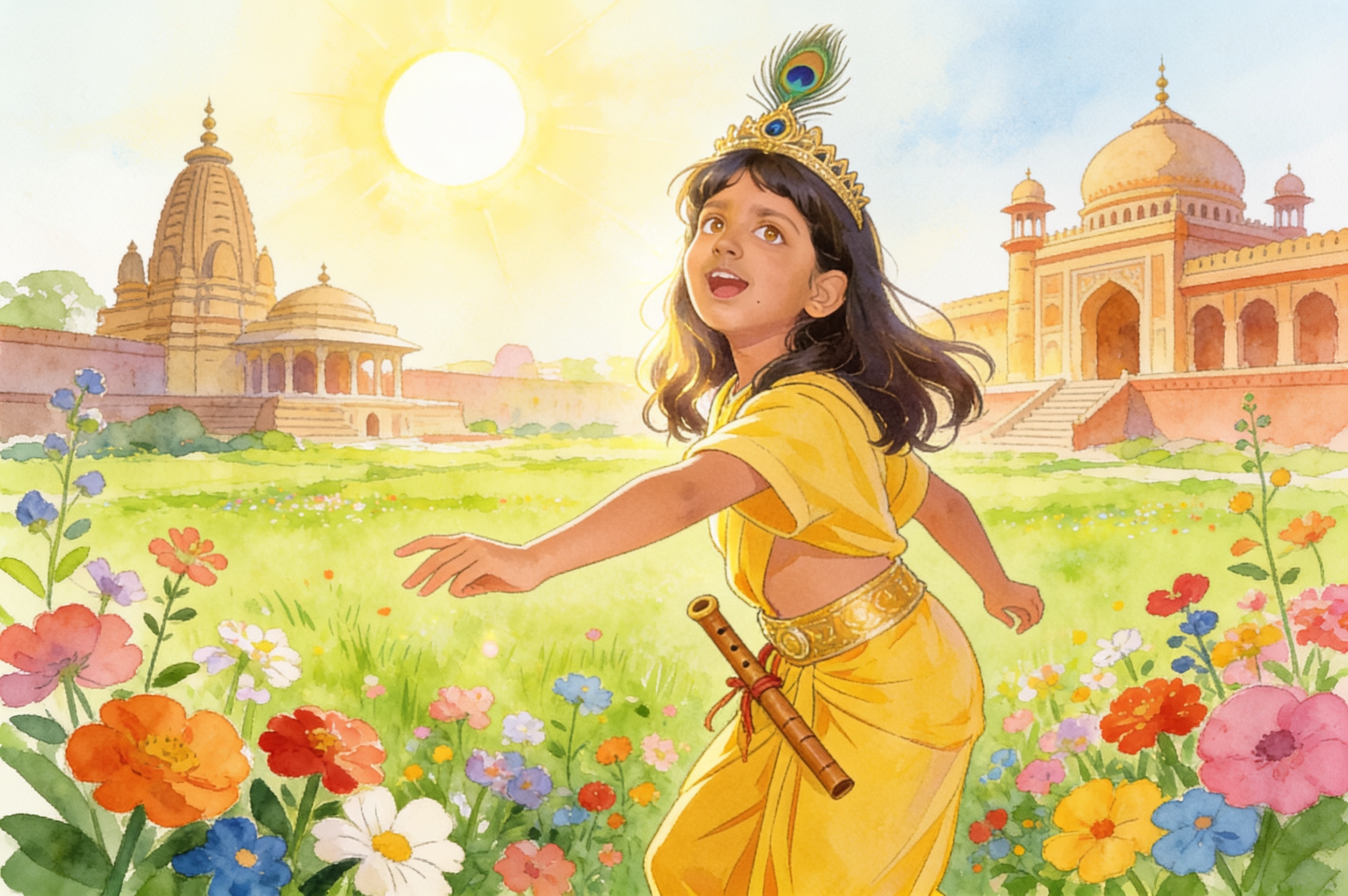 Shreya's Krishna Adventure and the big leaf umbrella — illustration for page 12