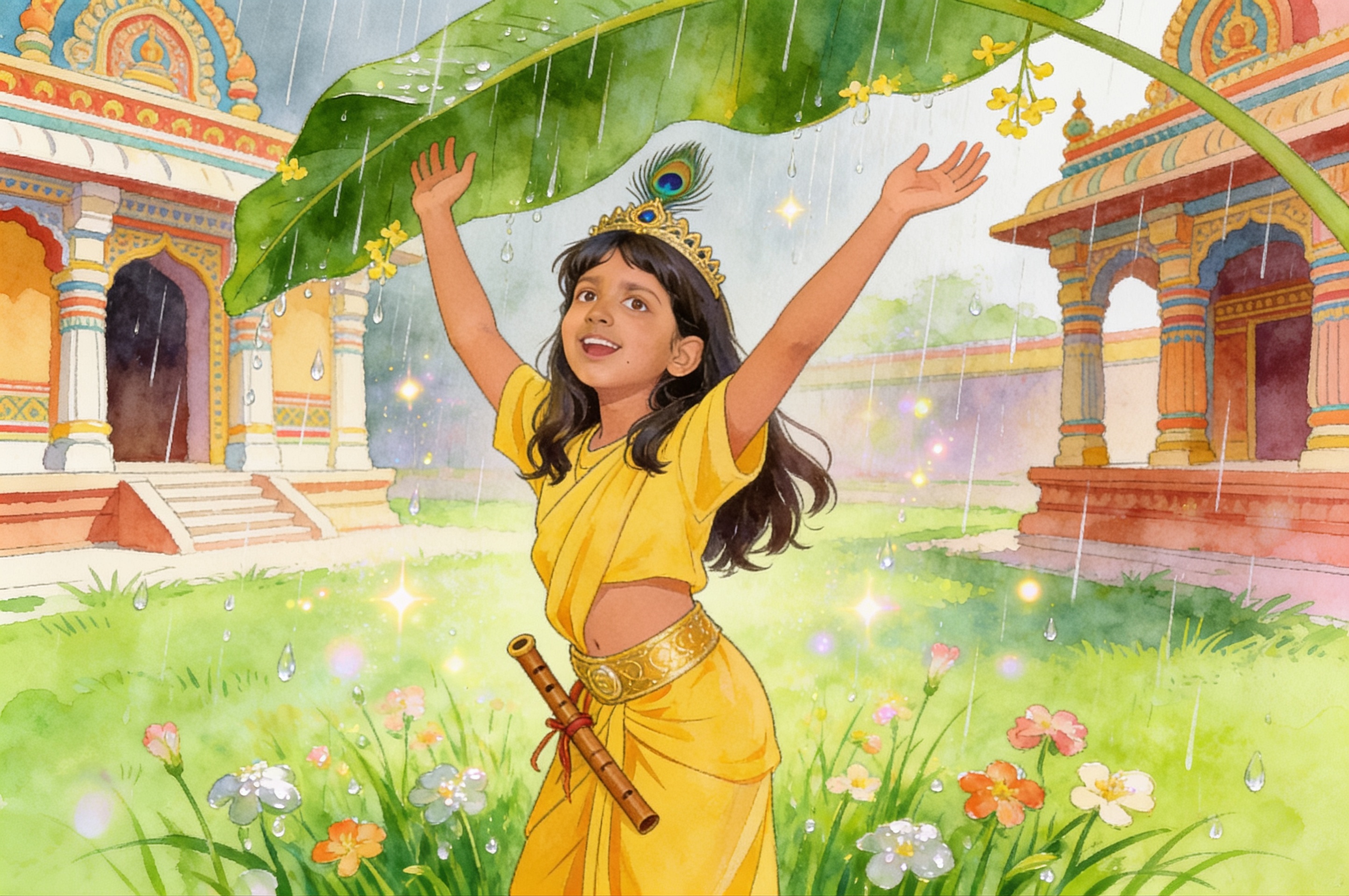 Shreya's Krishna Adventure and the big leaf umbrella — illustration for page 8