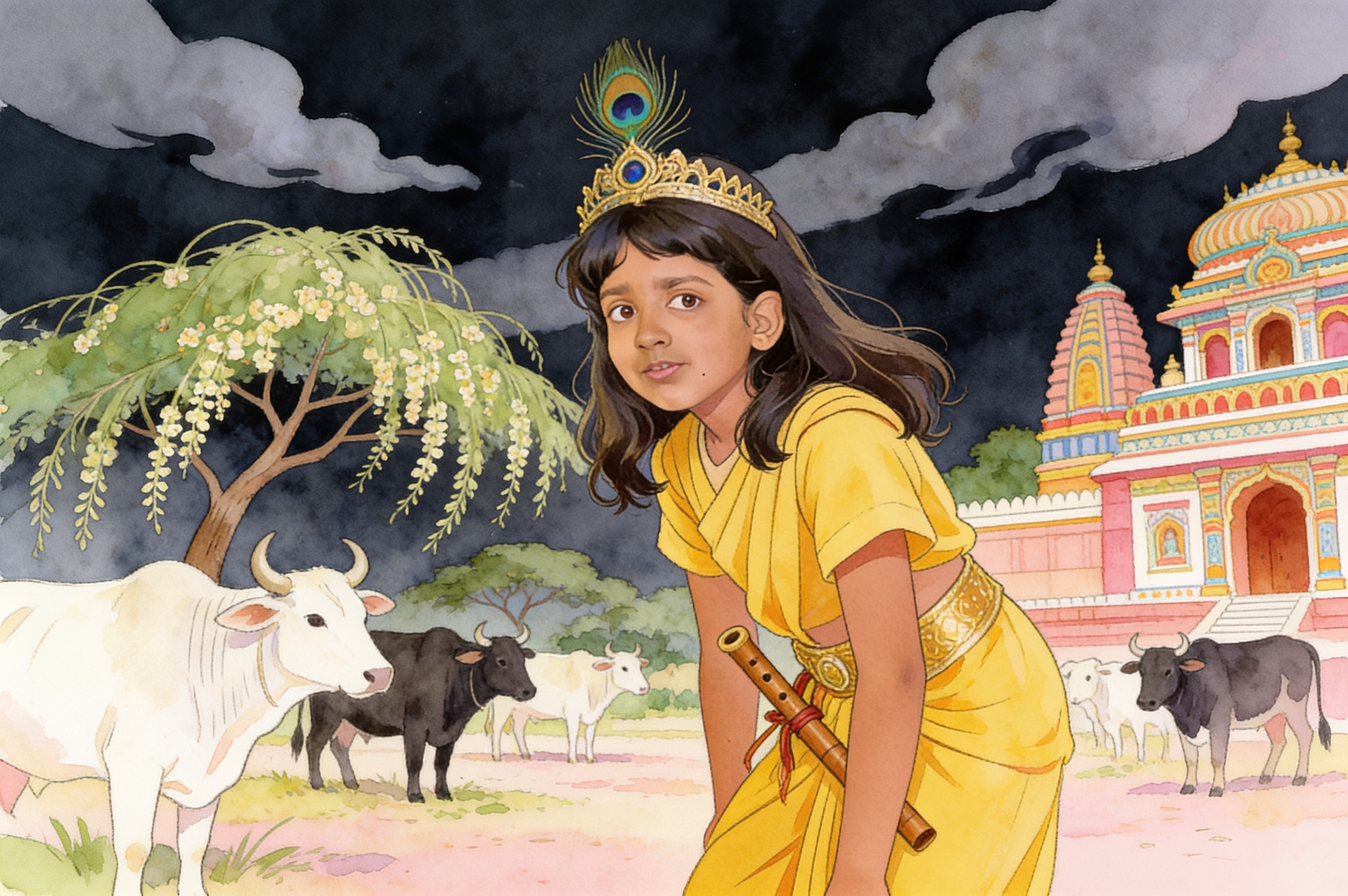 Shreya's Krishna Adventure and the big leaf umbrella — illustration for page 4