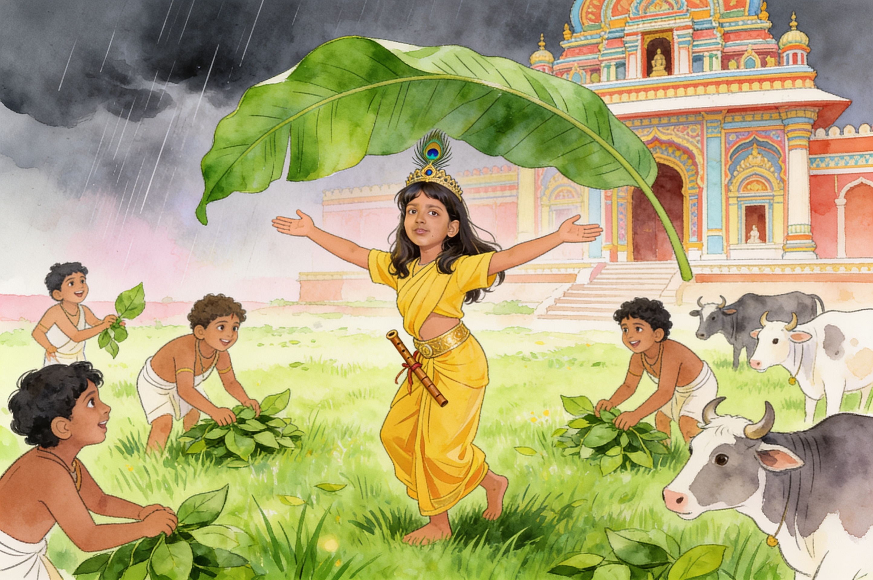 Shreya's Krishna Adventure and the big leaf umbrella — illustration for page 7