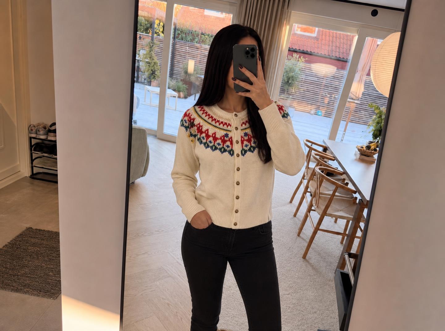 Vintage-style Fair Isle knitted cardigan with gold buttons