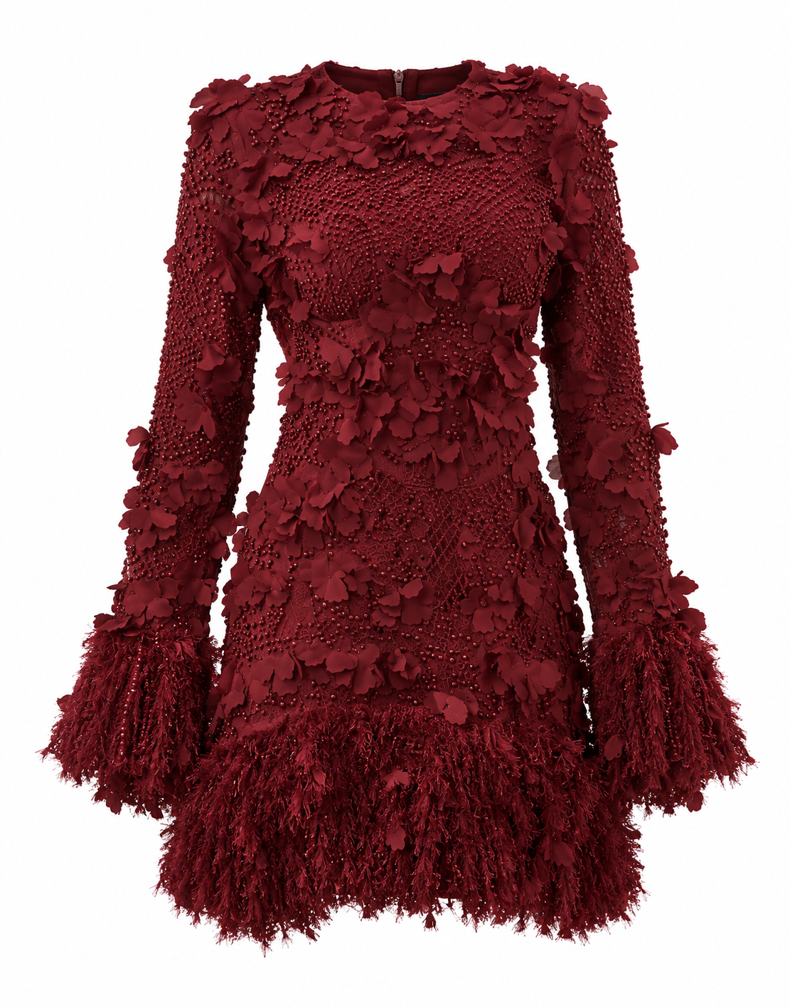 asos, ASOS LUXE 3D floral embellished broderie mini dress with faux feather trim in burgundy
