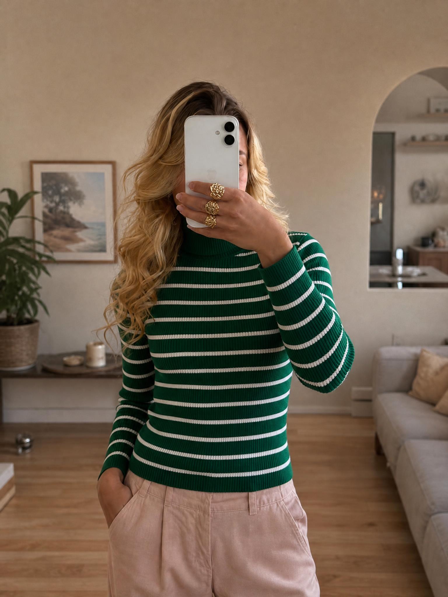 Happiness Green & White Striped Ribbed Turtleneck New With Tags