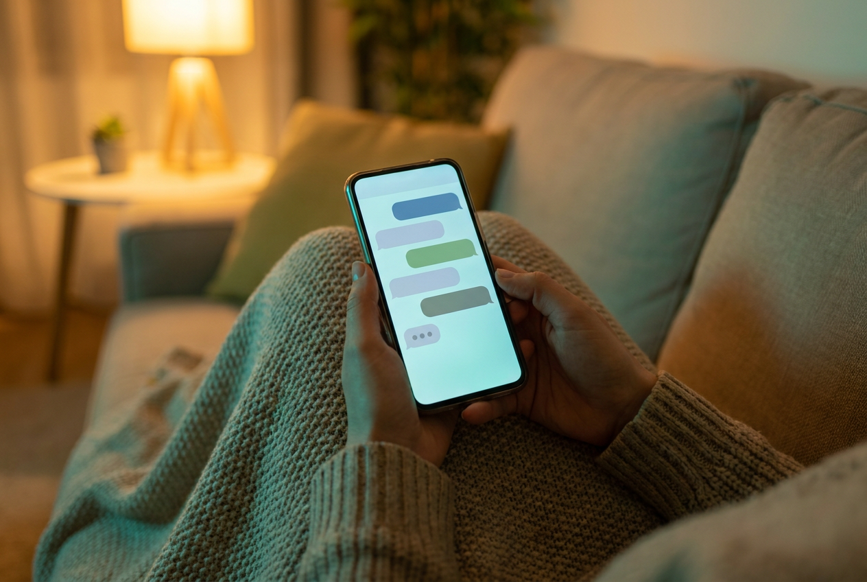 Iemand op de bank thuis typt in de avond een bericht in een chatvenster op zijn smartphone
