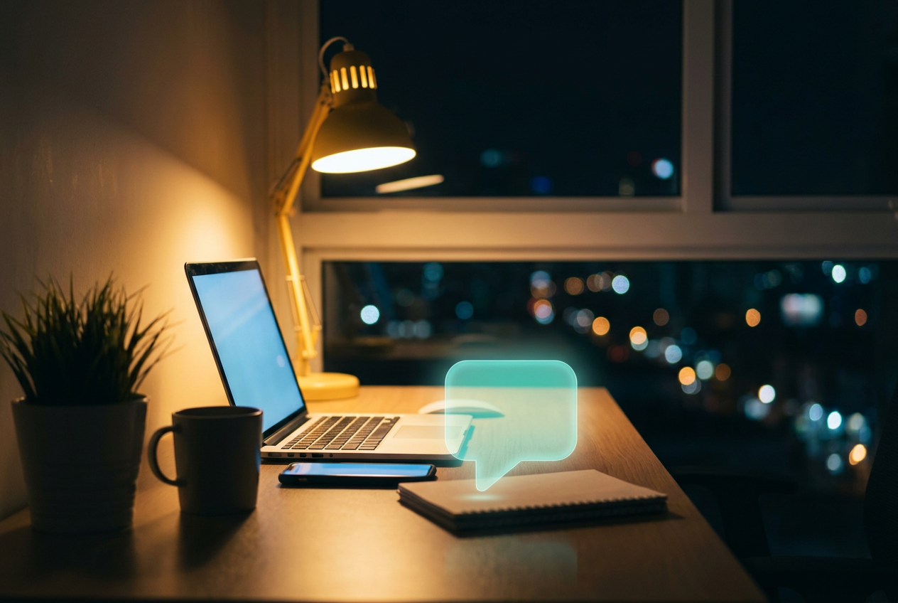 Bureau in de avond met een oplichtende laptop en telefoon en een zacht gloeiend chatsymbool, met stadslichten door het raam