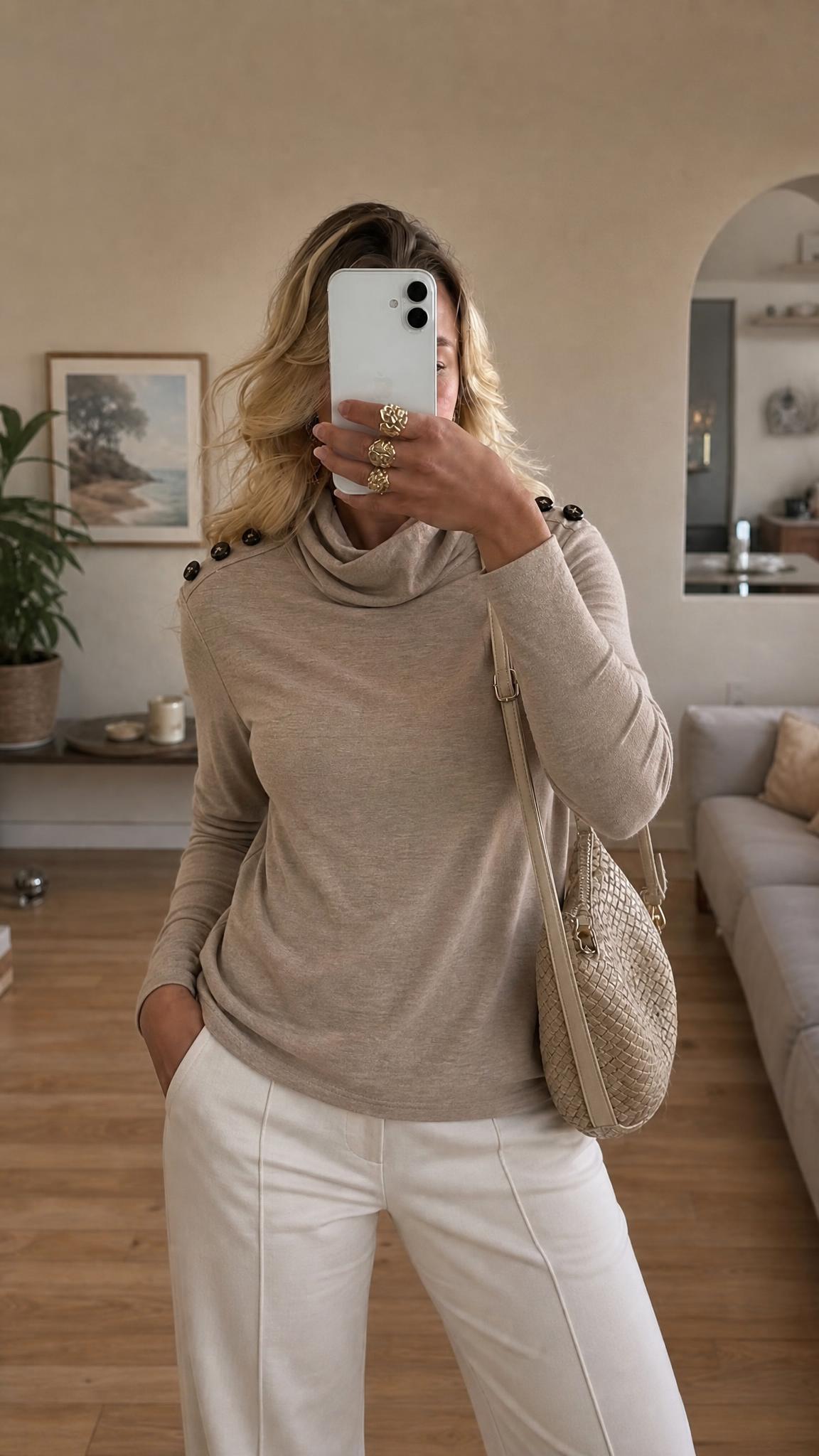 Beige cowl neck longline tunic top with shoulder buttons
